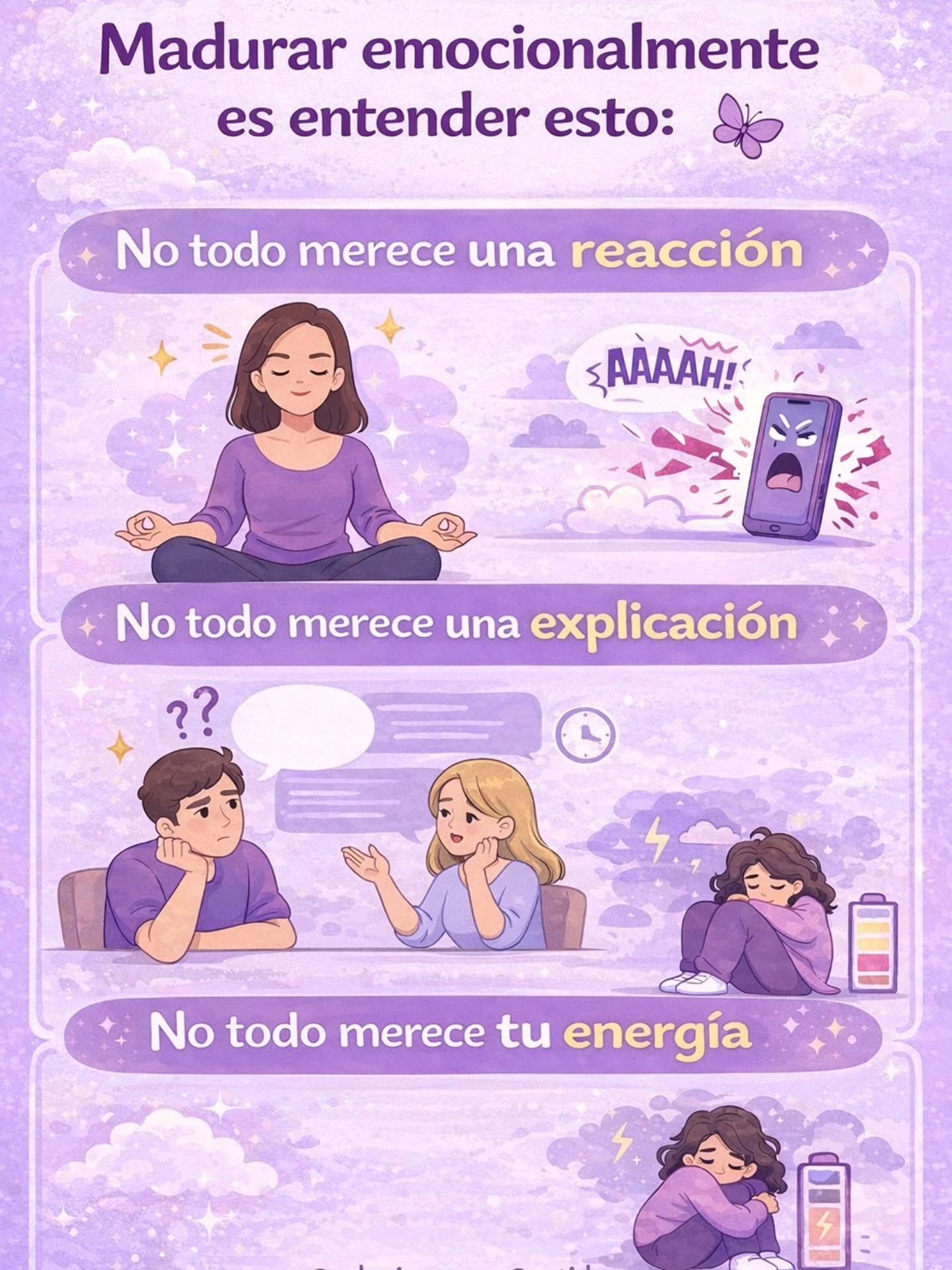 Madurar emocionalmente no significa volverte frío.
Significa volverte más consciente.
Entender que:
• No todo merece una reacción.
• No todo merece una explicación.
• No todo merece tu energía.
A veces la verdadera paz llega cuando dejas de responder a todo, dejas de justificarte con todos y empiezas a cuidar lo que entregas de ti.
La madurez emocional es aprender a elegir tus batallas…
y también aprender cuáles no vale la pena pelear.
Porque tu paz no es negociable.
Guarda este post para recordarlo cuando lo necesites. 🤍
#InteligenciaEmocional #MadurezEmocional #SaludEmocional #AmorPropio #Psicología RelacionesConSentido BienestarEmocional CrecimientoPersonal