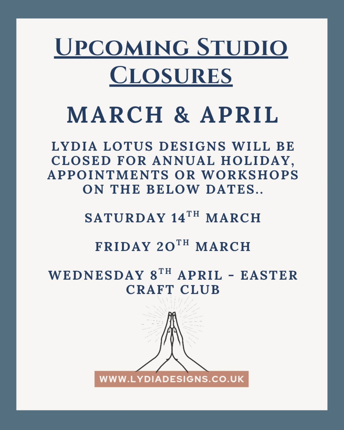 āļøEDITāļø- I WILL BE OPEN ON MARCH 20TH DUE TO AN APPOINTMENT CHANGING.
⨠Studio Notice ā March & April āØ
Just a little note to say that the studio will be closed on a few additional days throughout March and April while I take a little annual leave and manage appointments alongside orders and workshops behind the scenes.
As Lydia Lotus Designs is very much a one-woman studio, I occasionally need to build in a little time to keep everything running smoothly.
Thank you so much for your patience, understanding and continued support ā it truly means the world to a small independent business like mine.
Lydia xxx