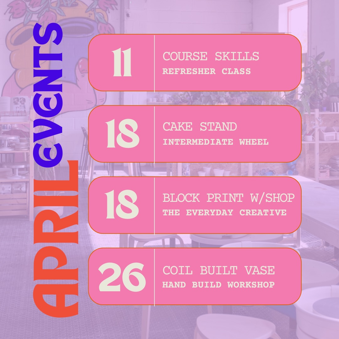 What’s coming up in APRIL 🎉 Book online via our website apart from the Block Printing workshop booked via @the_everyday_creative_uk 🥰