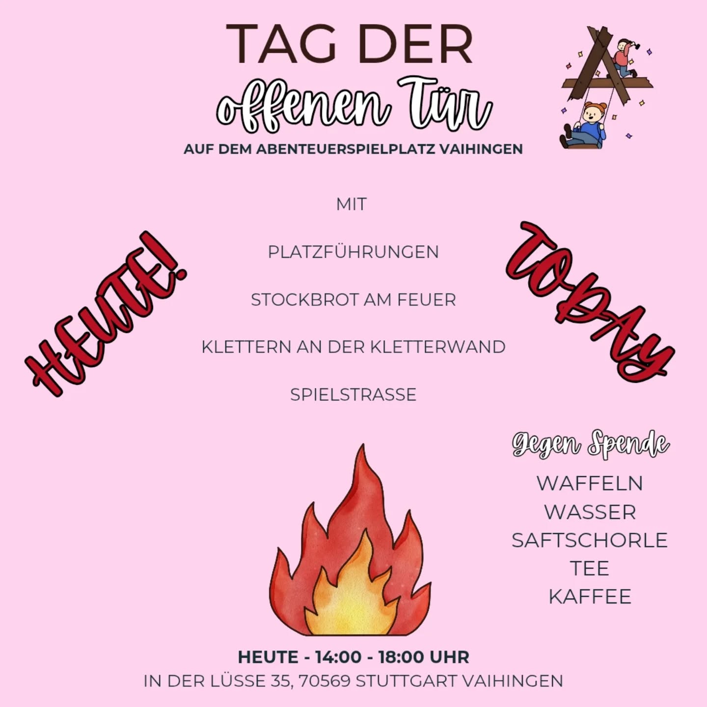 Guten Morgen zusammen! ☀️
Nur ein kurzer Reminder: Heute öffnen wir von 14:00 bis 18:00 Uhr unsere Türen für euch. Kommt unbedingt vorbei, wir können es kaum erwarten!
#abenteuerspielplatz #stuttgart #vaihingen