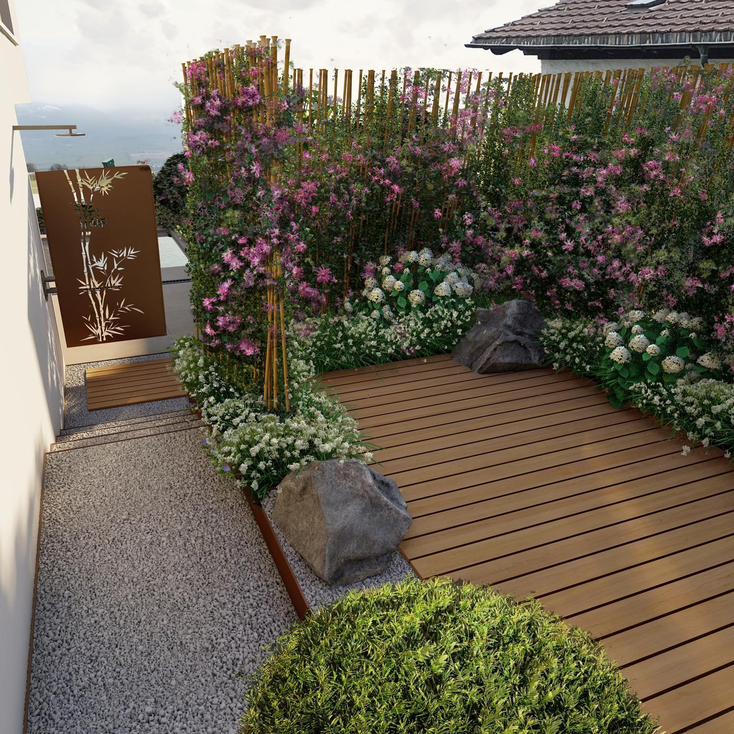 Yoga Garden
My wonderful clients mentioned their incredibly busy lifestyles and their regular travels to escape the routine. Therefore, I came up with a secret Meditation & Yoga Garden to provide a rejuvenating space which is particularly helpful on a stressful days.
#garden #naturegarden #switzerland #schweiz #garten #modern #holzhaus #holzhausbau #woodhouse #wood #gartengestaltung #gardendesign #gardenarchitecture #landscapearchitecture #landschaftarchitektur #neubau #meditation #vegetablegarden #sustainable #yogagarden #archirtecture #luxuryliving #luxuryhome #luxuryarchitecture #pool #render #3D #visualisierung #home #yoga
