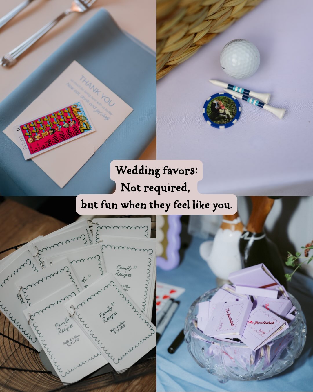 Wedding favors are one of the things couples always ask about.
The truth? Theyāre not necessary.
But when theyāre thoughtful, they can be a fun way to weave a little personality into the night.
The best favors are simple, personal or edible.
Anything beyond that is just extra.š
Photographers (in order):
Slide 1: @reminiscephotomke, @_andrewmeier_, @morganphotoco, @gretaelizabethphoto
Slide 2: @elizabethjeanphotography
Slide 3: @_andrewmeier_
Slide 4: @morganphotoco
Slide 5: @haleyhundtphotos
Slide 6: @redwoodandsagephotography
Slide 7: @makenaleephotography
Slide 8: @alexrodriqezphoto