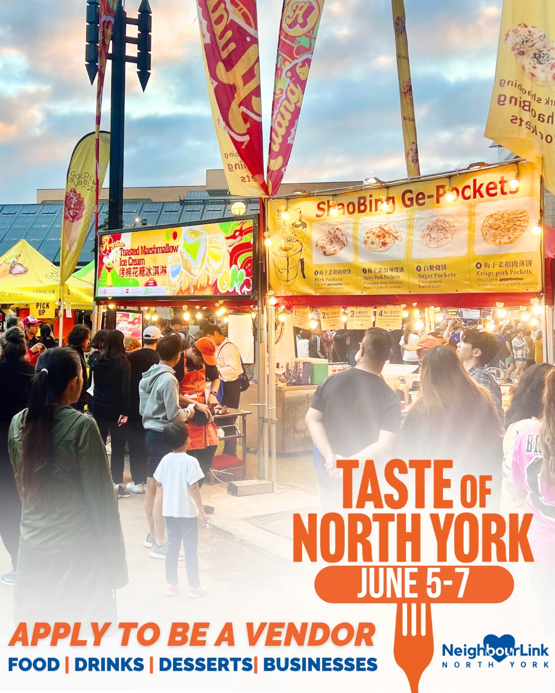Spots are quickly filling up for our Taste of North York Community & Food Festival which returns to Mel Lastman Square June 5-7!
This will be THE Summer kick-off for our city that celebrates the the neighbourhood’s rich culture, diverse cuisine, and community connections.
We’re calling on restaurants, food trucks, food vendors and businesses to join this one of a kind festival and bring delicious eats and exciting activations to our neighbourhood!
Our 4th Taste of North York will once again feature a curated selection of food vendors, artisans, live performances, dance workshops, local organizations, family-friendly activities, and more.
More information and our applications are available at www.neighbourlink.org/taste (link in bio)
If there's a business owner in your life that you'd like to see there, please send them this link!
#TasteOfNorthYork #VendorCall #JoinTheFun #WeLoveWillowdale #NeighboursHelpingNeighbours #Festival #TorontoFestival #ToDoToronto #TorontoSummers #Youth #Summer #NorthYork #Toronto #Willowdale #Community