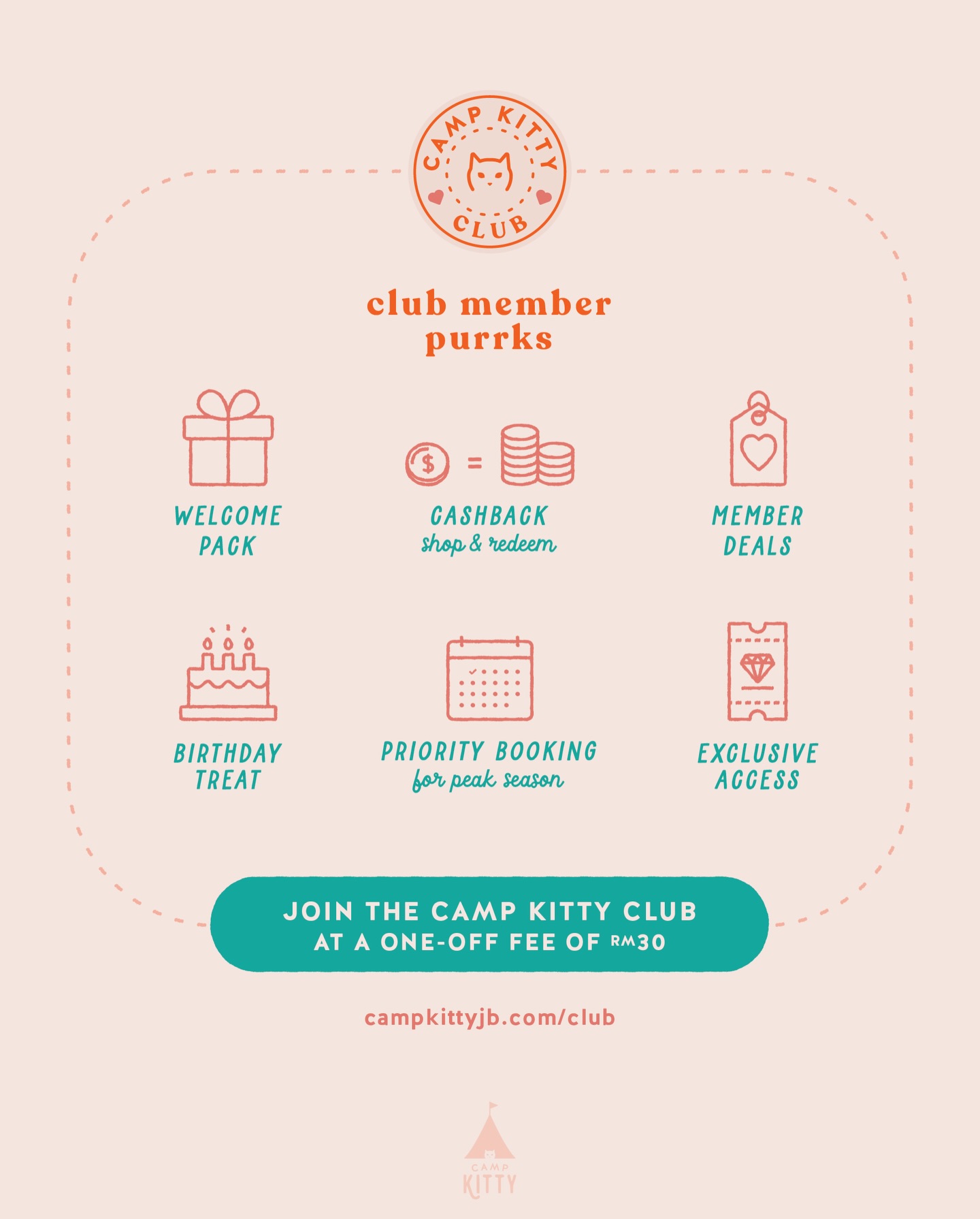 If Camp Kitty is already part of your cat’s routine, Camp Kitty Club simply makes every visit a little more rewarding 🐱✨
As a member, you’ll enjoy:
💝 A welcome pack of goodies
💰 Cashback when you shop
🤝 Member-only deals
🎂 A birthday treat for your cat
🔼 Priority booking during peak seasons
🎟️ Exclusive access to special offers
All for a one-off RM30 to join.
Learn more at campkittyjb.com/club