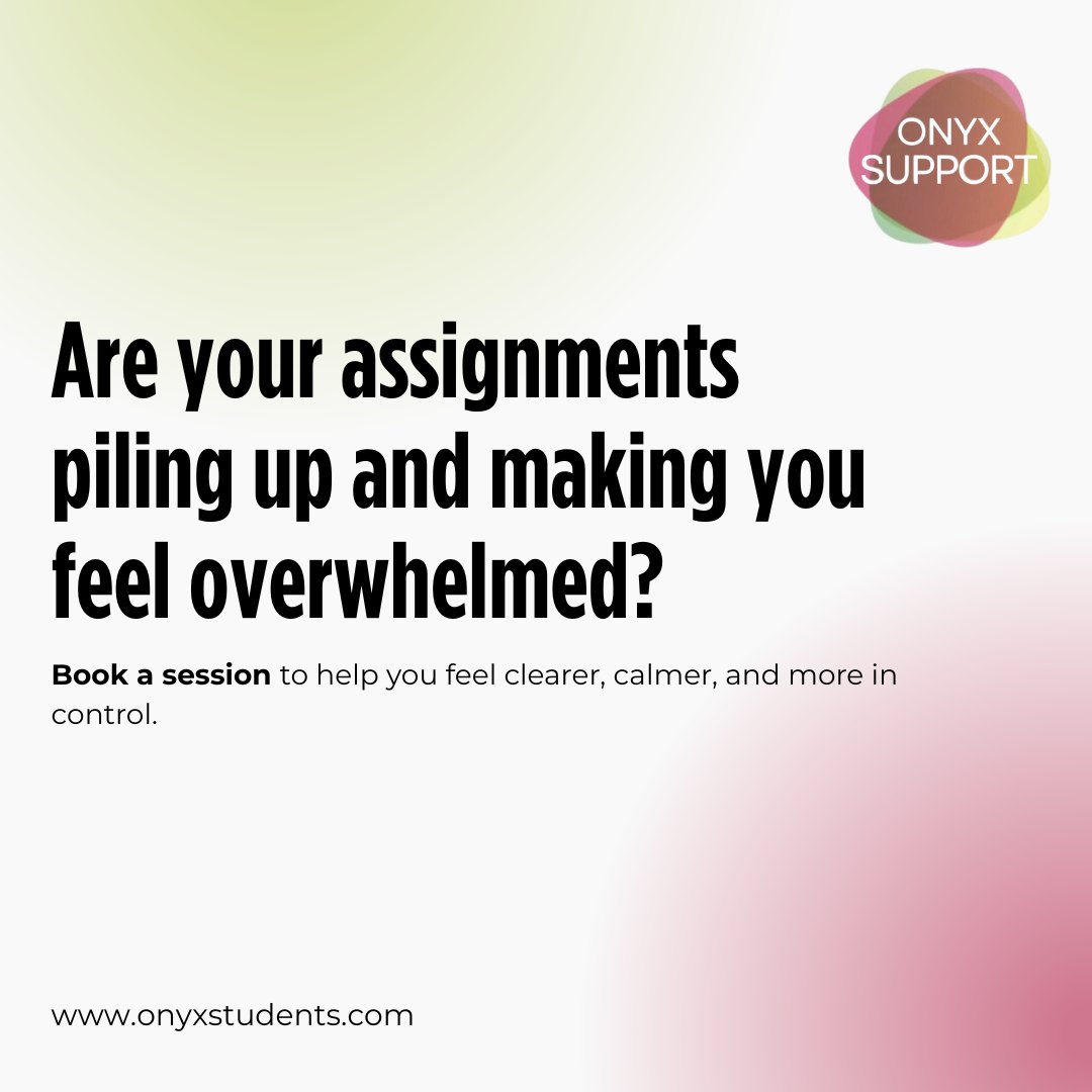 Feeling overwhelmed by deadlines is more common than people admit, especially when everything hits at once.
Booking a session can help you slow things down, prioritise, and feel clearer, calmer, and more in control.
Onyx Support helps students break tasks into manageable steps, without judgement or pressure.
www.onyxstudents.com
#OnyxSupport #StudentStress #Assignments #UniversityLife #StudySupport #WellbeingFirst #UniLife #Student #Exams #Deadlines #DSA