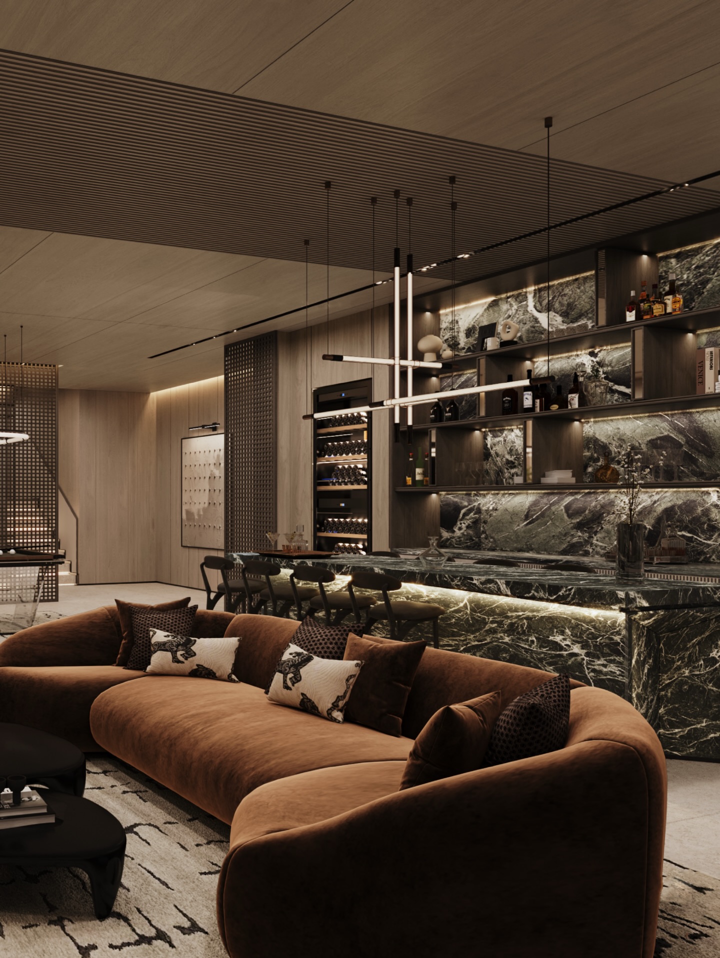 Bold natural stone takes center stage, framed by warm wood cladding and soft architectural lighting. Plush curved seating anchors the room, while integrated shelving and a bespoke bar backdrop transform the space into a layered composition of texture, craftsmanship, and understated luxury.
#InteriorDesign #Design #Dubai #DubaiLifestyle #DubaiLife
Interior: @mwm_studio_dubai
Client/developer: @theuppalgroup
Client rep: @genesispro.ae