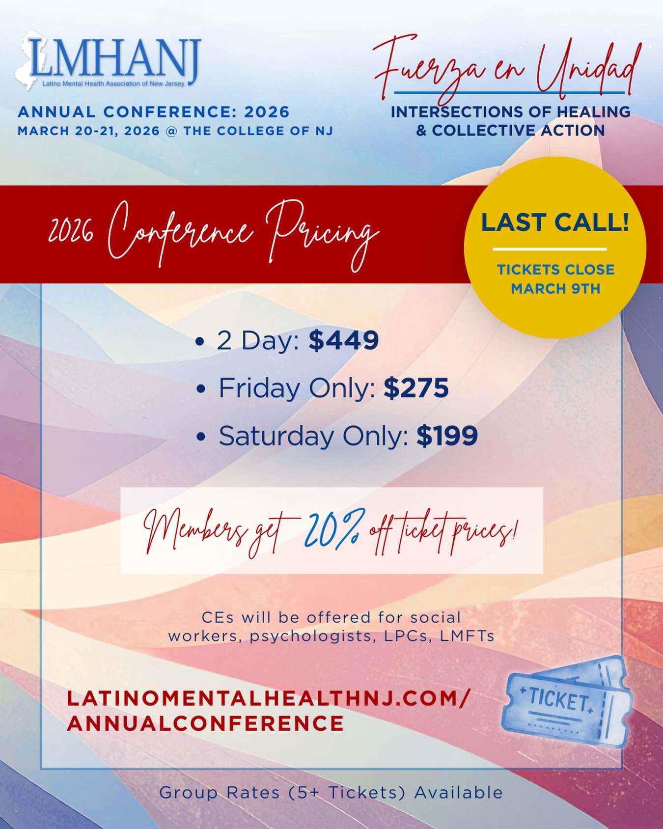 🚨LAST CALL for Conference Tickets!!🚨
The LMHANJ 2026 Annual Conference
✨ Fuerza en Unidad: Intersections of Healing & Collective Action ✨
📍 The College of New Jersey
🗓 March 20–21, 2025
Don’t miss out on this amazing conference. Latinx mental health professionals from across NJ will convene for two days with lots of learning, connection, and collective empowerment. This conference is your chance to:
🔥 Connect with Latinx leaders and community advocates
🔥 Earn CEs for Social Workers, Psychologists, LPCs, and LMFTs
🔥 Engage in transformative workshops centered on healing, culture, and action
🔥 Strengthen our collective impact in Latinx mental health
👉 Cash in on your membership perks and get 20% off tickets.
🔗 Register now —> LINK IN BIO
#lmhanj #lmhanjconference2026 #fuerzaenunidad #latinxmentalhealth #njlatinxtherapists