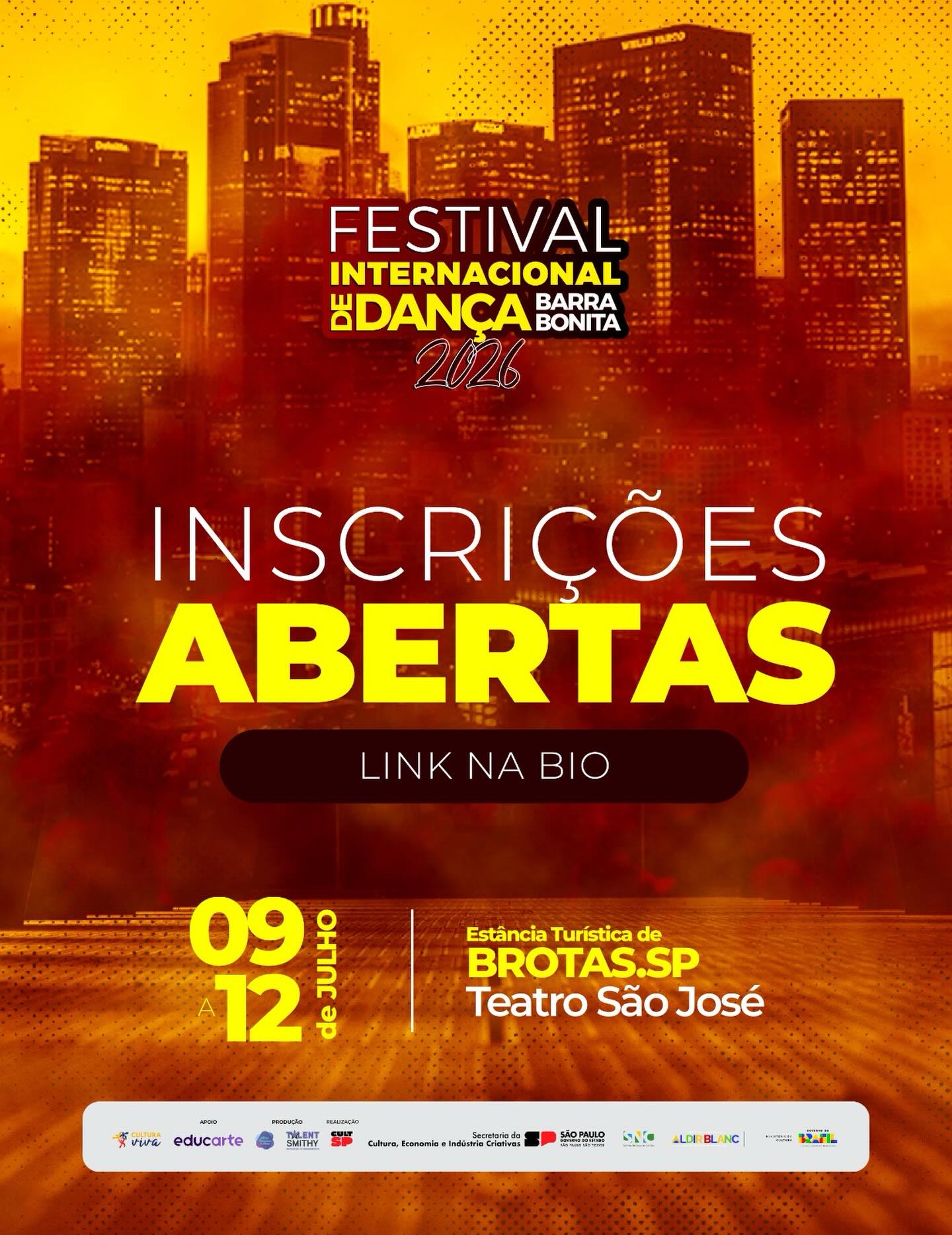 🎉 As inscrições estão abertas!
O Festival Internacional de Dança de Barra Bonita 2026 já tem data e lugar marcados — e você já pode garantir a sua participação! ✨
Este ano o festival acontecerá na Estância Turística de Brotas – SP, no Teatro São José, reunindo talentos de várias cidades para dias incríveis de dança, troca e emoção.
⚠️ Corre garantir sua vaga, porque as inscrições já estão no 1º lote e as vagas são limitadas!
Prepare seu grupo, escolha suas coreografias e venha viver essa experiência única no palco. 💫
📅 Em breve mais novidades — mas por enquanto… garanta sua inscrição!
Fale conosco através dos nossos canais de comunicação:
📲 (84) 99155-9202 (Raissa)
📲 (14) 99722-3300
📨 festivalinterbb@gmail.com
#FestivalDeDança #DançaNoPalco #BrotasSP #FestivalInternacionalDeDança #PrimeiroLote InscriçõesAbertas 💃🕺