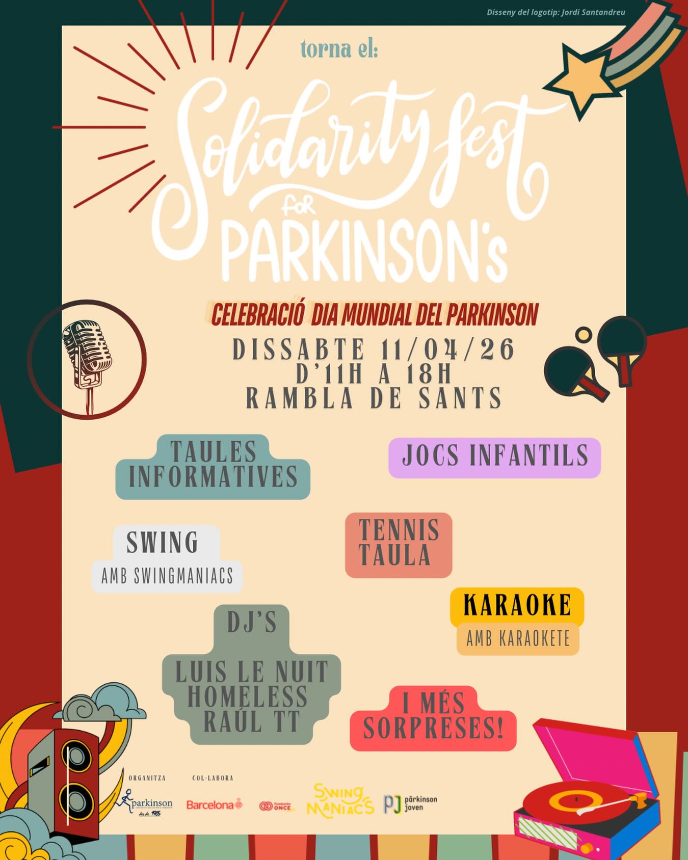 🎧 TORNA EL SOLIDARITY FEST FOR PARKINSON’S
El dissabte 11 d’abril celebrem el Dia Mundial del Parkinson amb una jornada festiva a la Rambla de Sants (Barcelona) de 11 h a 18 h.
Hi trobareu:
🎧 DJ’s
💃 Swing
🎤 Karaoke
🏓 Tennis taula
👧 Jocs infantils
ℹ️ Taules informatives
✨ I moltes sorpreses!
Un festival per donar visibilitat al Parkinson, crear comunitat i gaudir plegats.
💙 Vols ser voluntari/ària?
🤝 Vols col·laborar amb l’esdeveniment?
Escriu-nos a
📩 info@catparkinson.org
T’hi esperem!
Disseny del logo by @parkinformados
#Parkinson #DiaMundialDelParkinson #SolidarityFest #Barcelona #ParkinsonAwareness