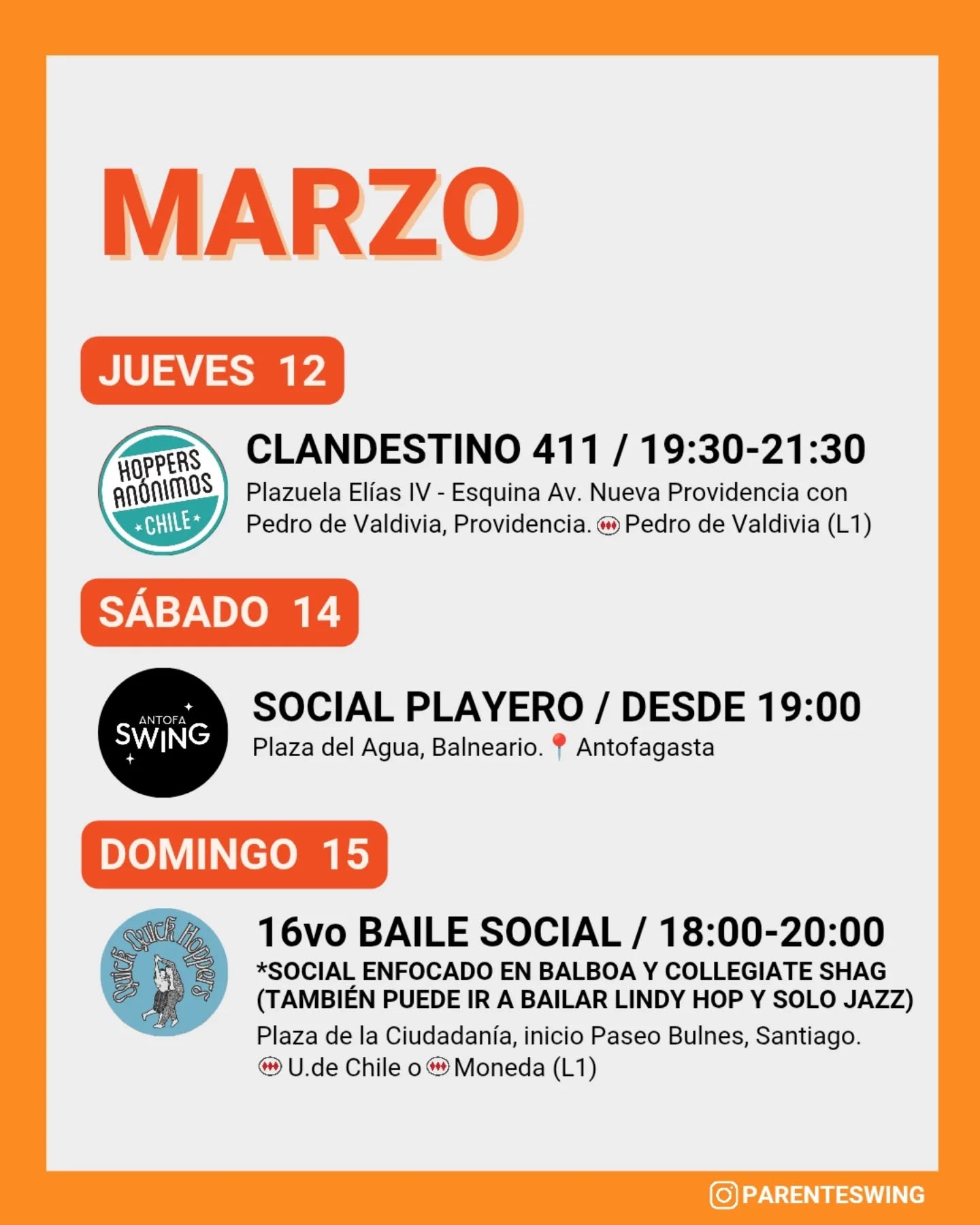 ✨Todos los eventos son gratuitos y abiertos a todo público, a menos que se indique valor de entrada 💸
‼️Cualquier modificación o nuevo evento en los comentarios👇🏻 y/o por historias 👆🏻
🤔 Qué es un Clandestino o Baile Social?
Una instancia donde fanáticos de los bailes swing (Lindy hop, Balboa, Shag, Solo jazz) se reunen a compartir, hacer comunidad y a la vez, practicar.
❌ Las actividades publicadas NO son instancias de clases para aprender a bailar, a menos que se indique “Taller” o “Clase Abierta”.
👀 Quieres aprender a bailar?
En nuestra historia destacada “CLASES” está toda la información y formularios de inscripción a los cursos del mes de las escuelas de bailes swing ✨
Nos vemos en la pista! 💃🏻🕺🏻🔥
#lindyhopchile #swingchile #panoramasgratis #swingdancechile #swingdancingchile