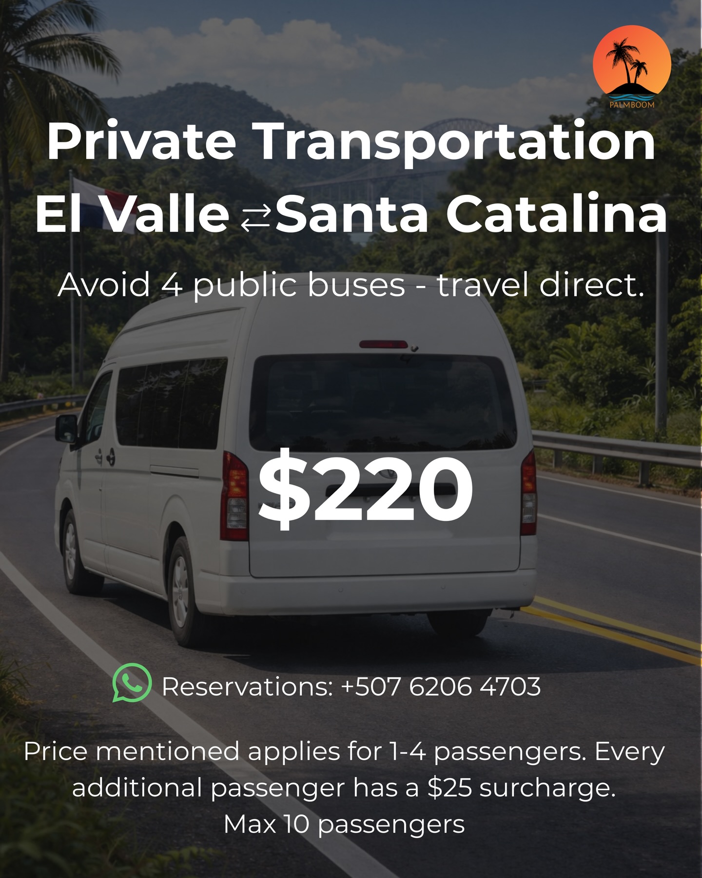 Traveling from El Valle de Antón to Santa Catalina? 🌴
Many travelers don’t realize this journey by public transport can require up to 4 different buses and take most of the day.
Our private transfer takes you directly from your hotel in El Valle to Santa Catalina — comfortable, safe and hassle-free.
🚐 Door-to-door transport
❄️ Air-conditioned vehicle
👥 Price for 1–4 passengers
➕ $25 per extra passenger (max 10)
Perfect for travelers heading to Coiba National Park, diving trips or surfing in Santa Catalina.
📲 Reservations via WhatsApp
+507 6206 4703
#elvalledeanton #santacatalina #islacoiba #visitpanama🇵🇦