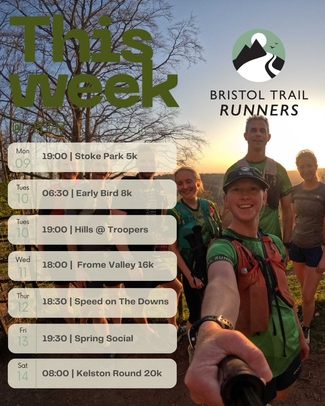 What’s happening this week
🏞️ Mon 09 Mar – 19:00 | Stoke Park 5-ish K
Easy miles to loosen the legs and clear the head. A relaxed start to the week on mixed terrain.
🌅 Tues 10 Mar – 06:30 | Early Bird 8K (Clifton)
Early morning miles with a few hills to wake everything up. Steady, social, and done before most people open their emails.
🔥 Tues 10 Mar – 19:00 | Hills at Troopers Hill
Our classic Troopers Hill session. Short, punchy climbs and flowing descents with plenty of encouragement from the group. A proper midweek lung opener.
🌿 Weds 11 Mar – 18:00 | Frome Valley 16K
Midweek trail miles through the valley. A steady-paced run with lots of regrouping — perfect for building endurance and catching up with the crew.
💨 Thurs 12 Mar – 18:30 | Speed & Technique on the Downs
Coached trail-focused speed session, then straight into Fake Friday at the pub afterwards.
🍻 Fri 13 Mar – 19:30 | Spring Social — King Street Brew House
No running kit required. Just come along for a drink, a chat and a catch-up with the BTR crew. Partners, friends and plus-ones all welcome.
🏔️ Sat 14 Mar – 08:00 | Kelston Round (20K)
A proper Saturday adventure exploring the brilliant trails of the Kelston Round. Expect hills, views and good company.
Not part of the crew yet?
Start your free 7-day trial and come try a run with Bristol Trail Runners.