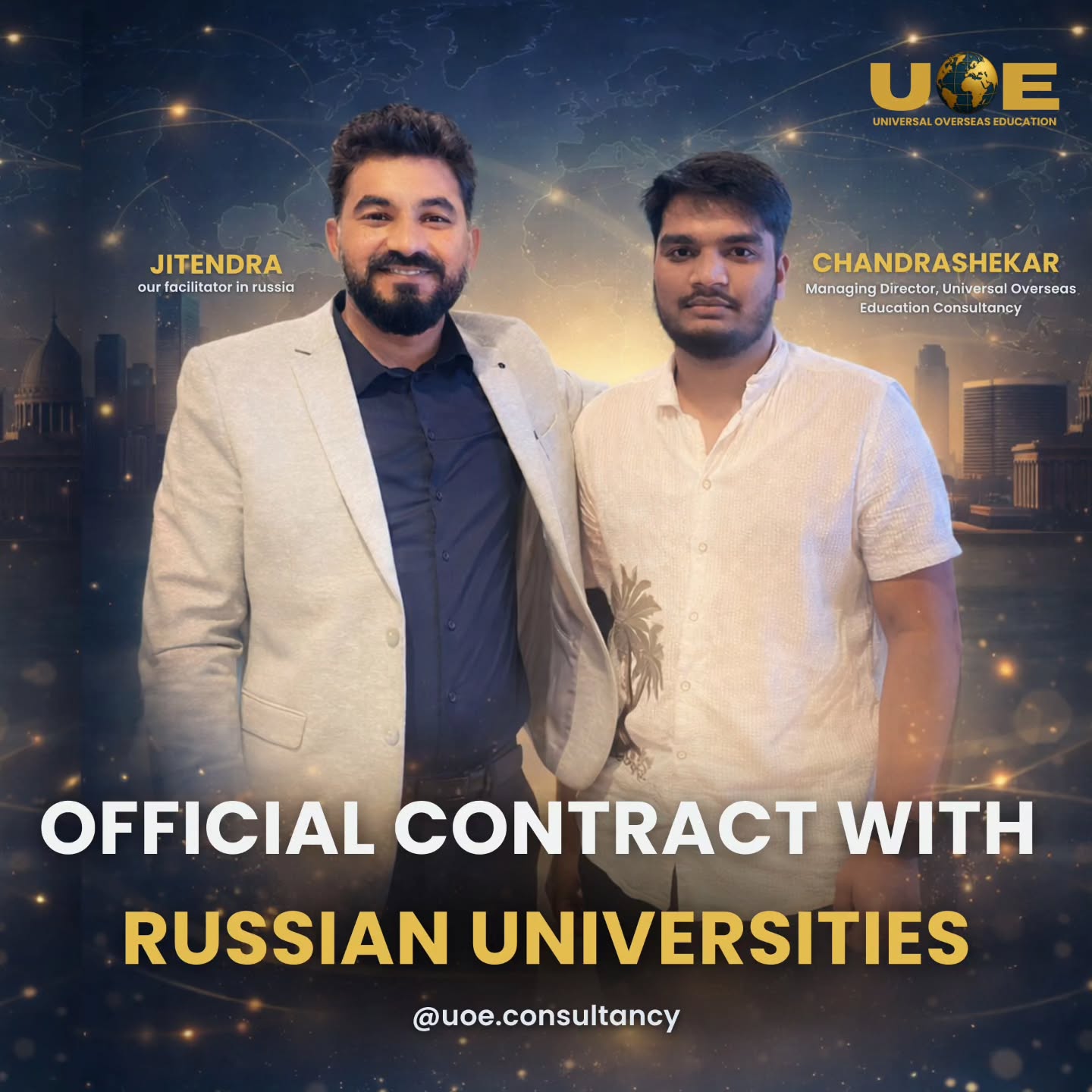 We are proud to announce our official collaboration with leading Russian medical universities, strengthening our mission to help Indian students achieve their dream of becoming doctors.
This partnership, facilitated by Jitendra in association with UOE Consultancy, opens new opportunities for students to pursue globally recognized MBBS programs abroad.
Together, we continue to build pathways toward quality medical education and international careers.