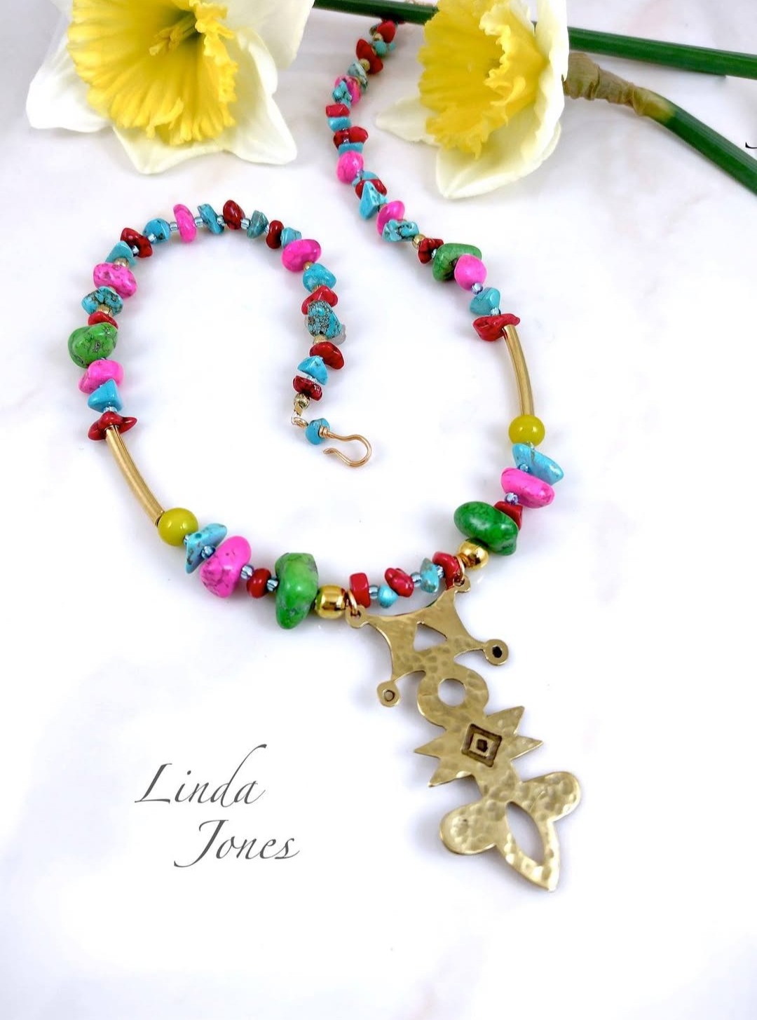 From the archives ... dyed Magnesite beads with Brass totem pendant 💖💚💧