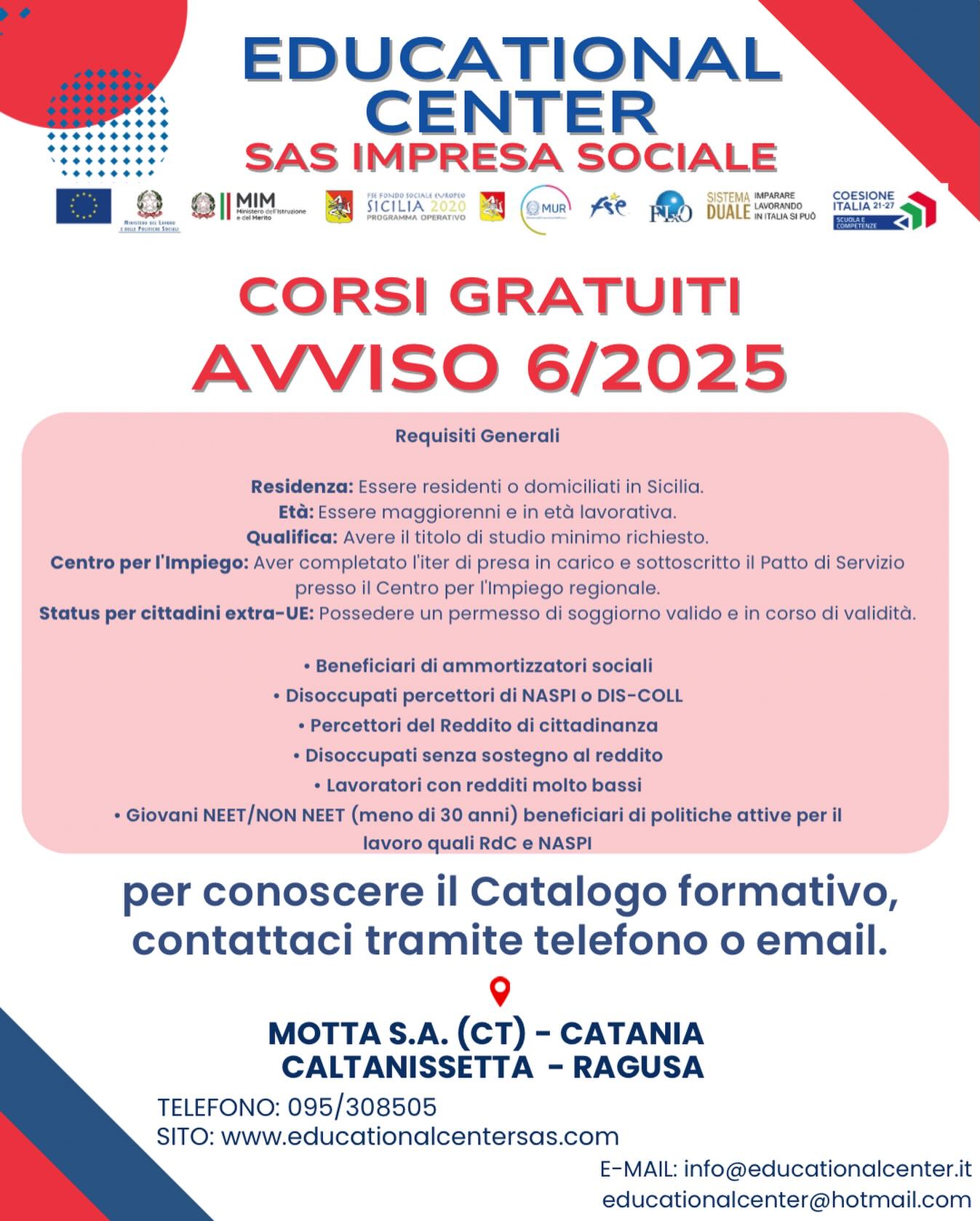‼️ ULTIMI POSTI DISPONIBILI ‼️
I corsi dell’Avviso 6/2025 in Sicilia, parte del programma GOL, offrono formazione gratuita (upskilling e reskilling) per disoccupati, percettori di ammortizzatori sociali e NEET. I percorsi, finanziati dal PNRR, coprono competenze digitali, linguistiche, green e tecnico-professionali.
Per info: 📞 095308505