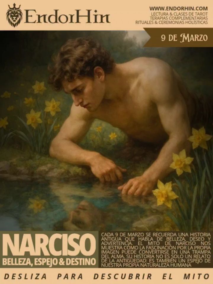 🌼✨ El 9 de marzo se recuerda una de las historias más fascinantes de la mitología.
El mito de Narciso no es solo un relato antiguo.
Es una advertencia sobre la belleza, el ego, el amor propio… y la dificultad de mirar más allá de uno mismo.
En este carrusel exploramos:
🌿 quién fue Narciso
🌿 la profecía que marcó su destino
🌿 sus amores y rechazos
🌿 cómo su historia dio origen al concepto de narcisismo
🌿 y un pequeño ritual para reflexionar en este día
A veces el mayor misterio no está en el mundo…
sino en el espejo.
Desliza el carrusel y descubre su historia.
.
.
.
.
.
.
.
#Mitologia #Psicologia #Astrologia #Espiritualidad #Tarot