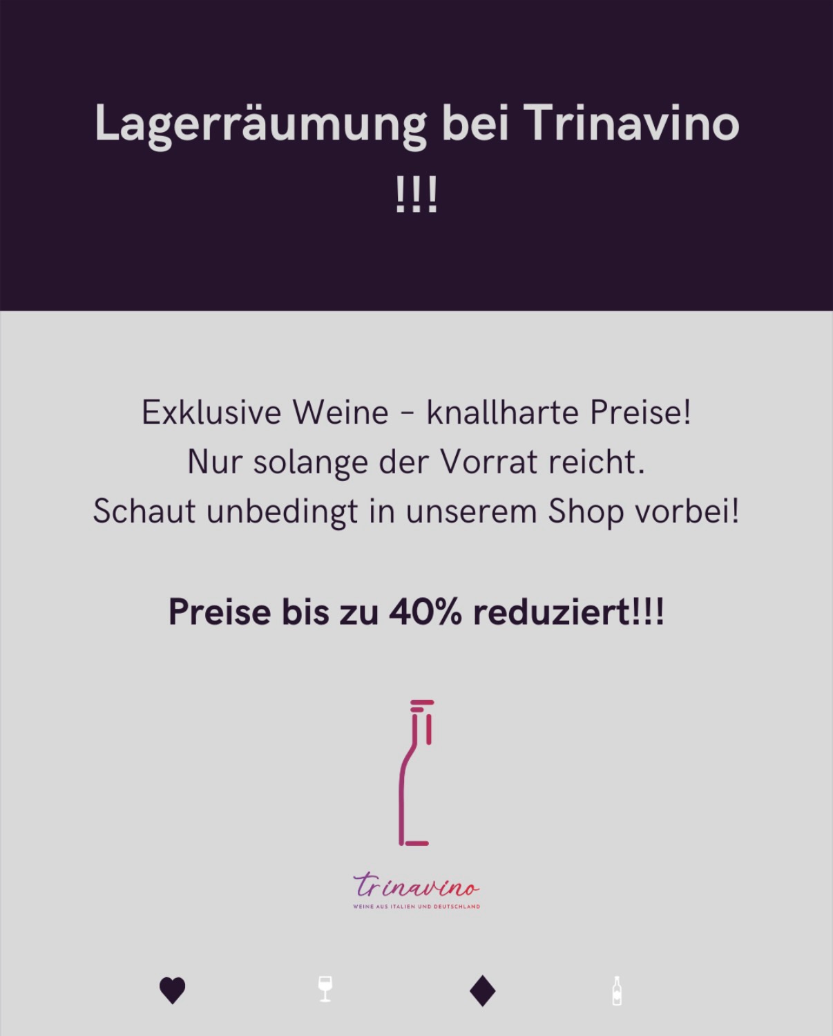 ⚡️RESTPOSTEN-ALARM bei Trinavino! ⚡️
Platz schaffen für Neues – das heißt für dich: exklusive Weine zum Spitzenpreis!🍷
Wir räumen unser Lager und du profitierst – mit knallharten Preisen auf exklusive Restposten unserer Weine! 🎉
🔸 Limitierte Mengen | 🔸 Top-Qualität | 🔸 Einmalige Angebote
Ob spritziger Weißwein, eleganter Rosé oder kraftvoller Rotwein – hier findest du deine Geheimfavoriten zum absoluten Sonderpreis. 🍷✨
⏳ Nur solange der Vorrat reicht!
💥 Jetzt zugreifen und edle Tropfen sichern, bevor sie für immer weg sind.
👉 Link zum Shop in der Bio – schnell sein lohnt sich!
#trinavino #restposten #weinsale #räumungsverkauf #meckenbeuren