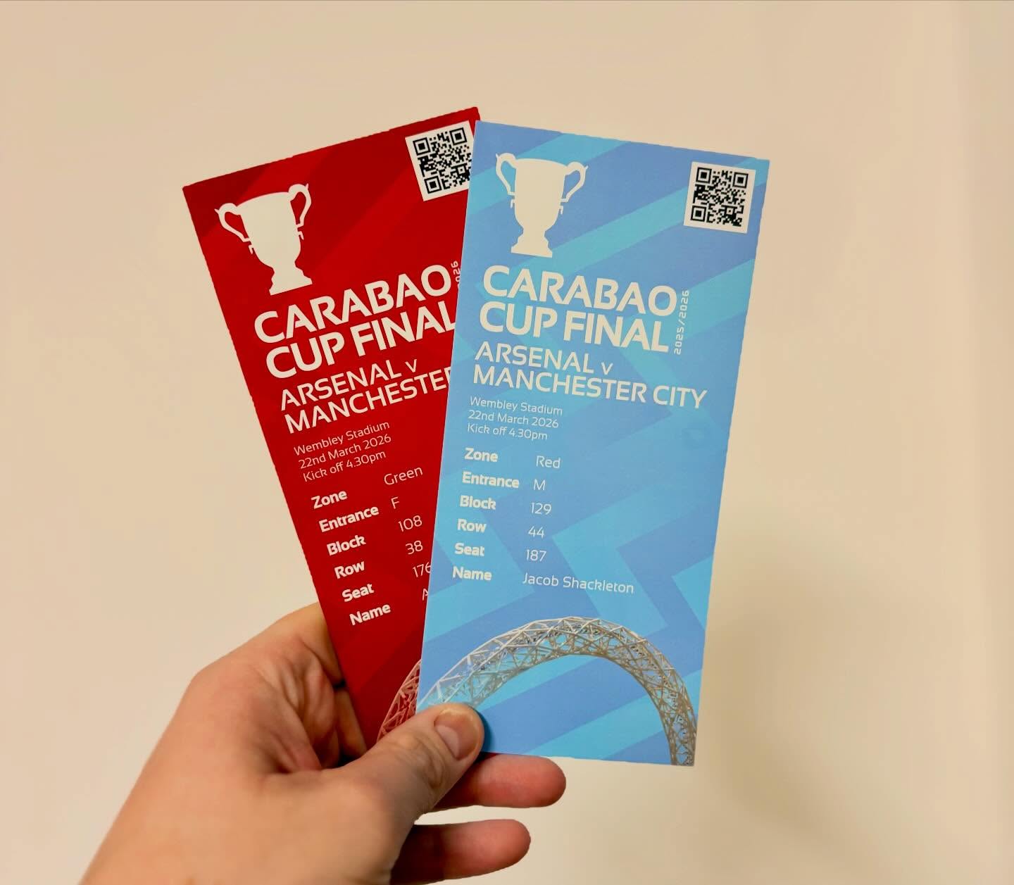๐ ๐ Carabao Cup Final
Ahead of the final at the end of the month, weโve got you paper mementos of the final. Keep something tangible rather than a pass on your phone wallet!
๐ฐ ยฃ7 inc UK postage
๐ฅ DM to order
๐ด๐ต Customised to your seats and club #afc #mcfc
๐ Global postage available