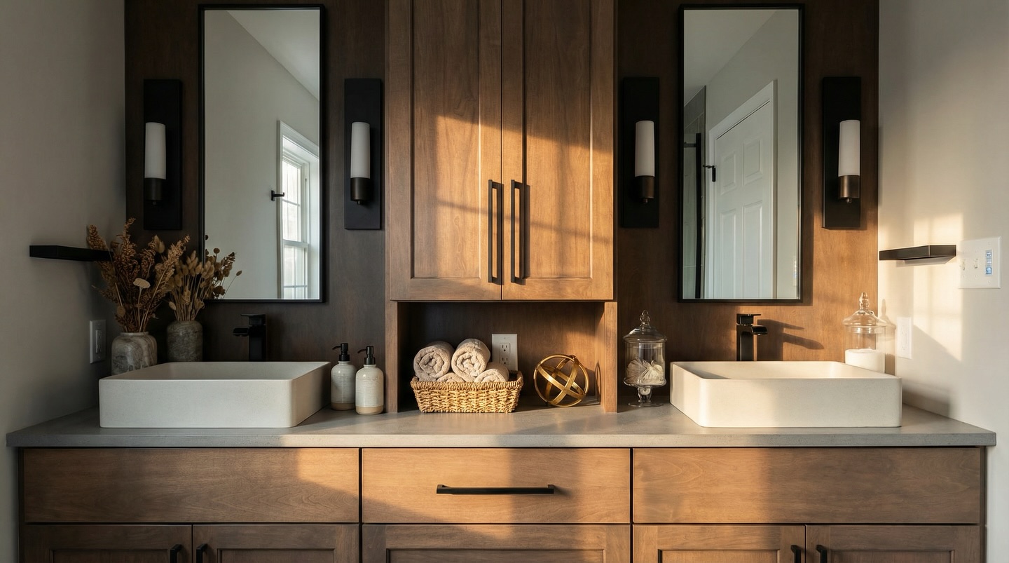 Swipe 👈🏼 This bathroom started like a lot of them do… builder grade, basic, and missing personality. The goal was to warm the space up while making it feel more custom and balanced. We added rich wood cabinetry, modern vessel sinks, framed mirrors, and new lighting to completely change the feel of the room. Same footprint. Completely different space.
These kinds of transformations are our favorite because they show how much potential a room really has. A bathroom should feel designed, not just installed.
If you want to upgrade your space, hit us up!