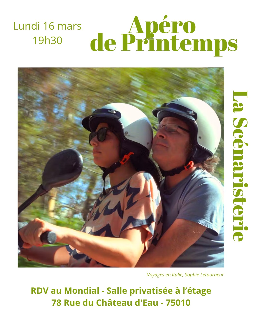 Retrouvons-nous pour un apéro de printemps le lundi 16 mars à 19h30 pour célébrer ensemble cette nouvelle saison à venir ☀️
L'entrée est gratuite et ouverte à toutes et tous, que vous soyez adhérent.e.s ou simplement intéressé.e.s par l'association.
Venez trinquer, (re)découvrir l'asso et partager un moment convivial entre scénaristes 🎉☀️
On a hâte de vous y voir nombreux.ses pour ce premier rendez-vous de l'année !
RDV au bar Le Mondial, 78 rue du Château d'Eau 75010, salle privatisée à l'étage.
On a hâte de vous voir lundi !