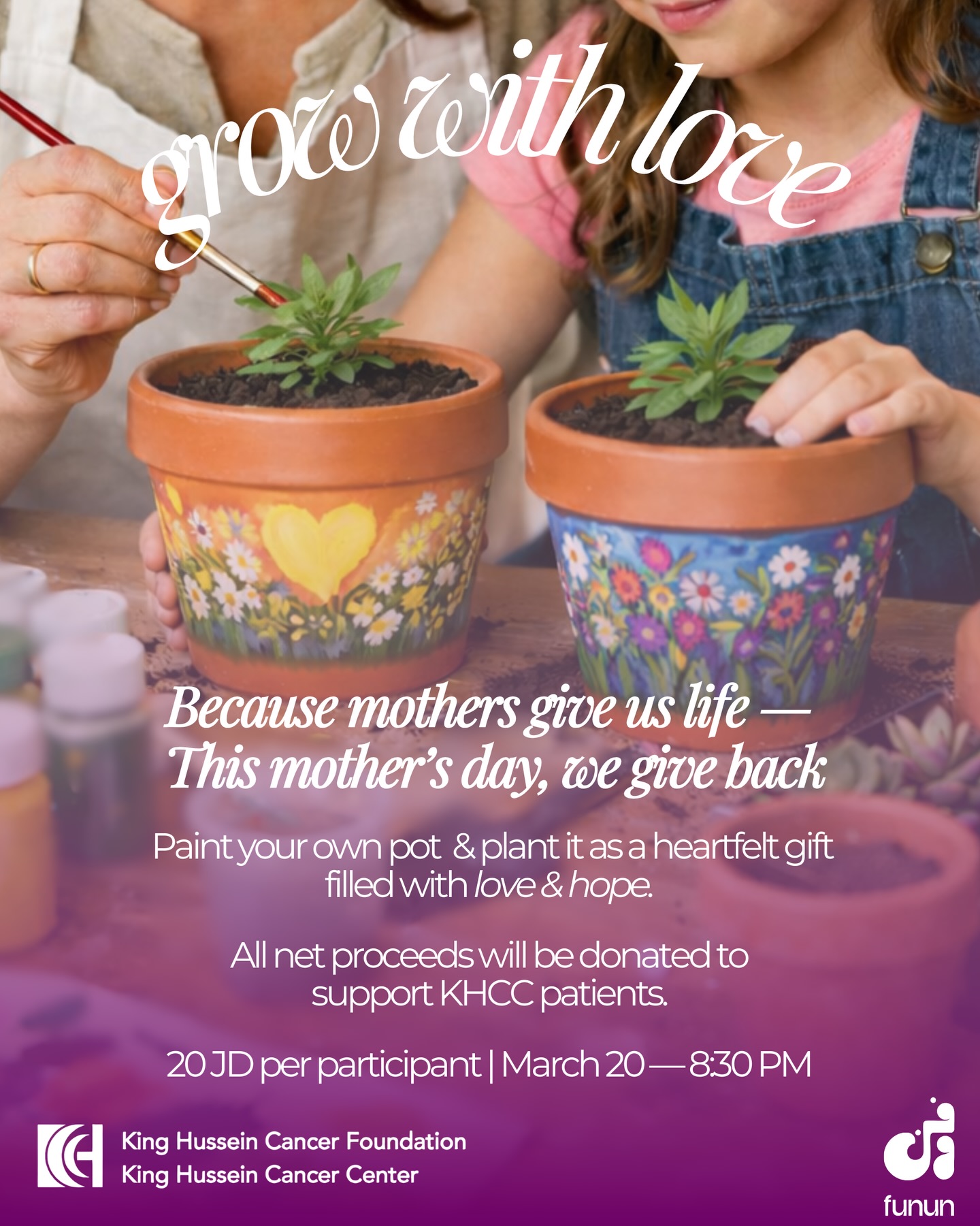 This Mother’s Day, we’re growing love and giving back 🌿
Join us for a special Plant & Paint – Grow With Love workshop, where you’ll decorate your own terracotta pot and plant a flower or herb as a heartfelt gift for your mom — or come enjoy the experience together with her.
This session is dedicated to supporting cancer patients through the King Hussein Cancer Foundation, with all net proceeds donated to the cause.
March 20 | 8:30 PM
Limited seats available.
To reserve your spot, send us a message.
في عيد الأم… نزرع حبًّا ونُعيد العطاء 🌿
انضموا إلينا في ورشة Plant & Paint – نزرع حبًّا،
حيث يمكنكم تزيين أصيص فخاري بأيديكم وزراعة نبتة كهدية مليئة بالحب لوالدتكم —
أو مشاركة هذه اللحظة الجميلة معها.
هذه الجلسة مخصصة لدعم مرضى السرطان من خلال
مؤسسة الحسين للسرطان، حيث سيُخصص كامل صافي العائد لدعم المرضى.
20 مارس | 8:30 مساءً
المقاعد محدودة.
للحجز، أرسلوا لنا رسالة.