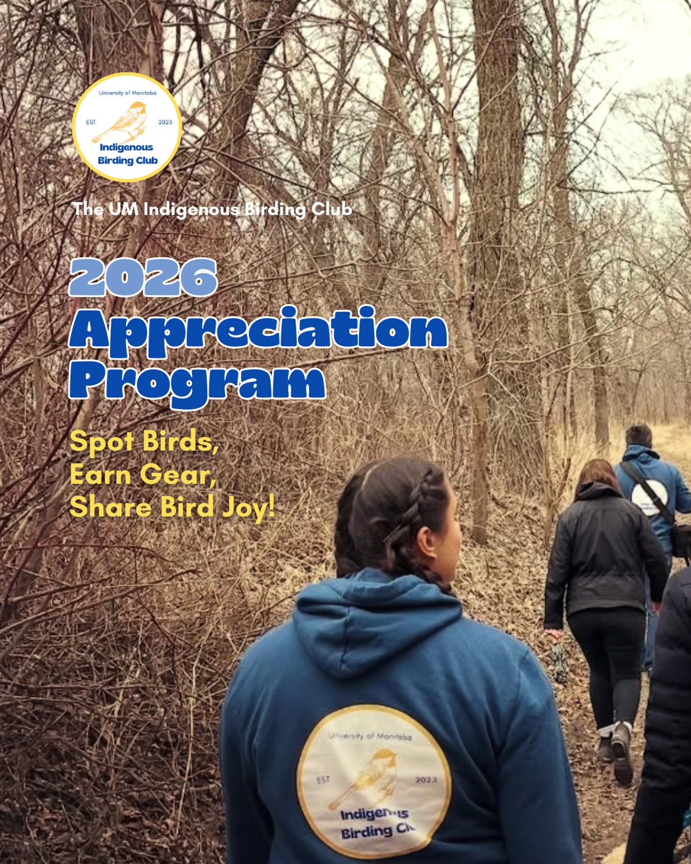 This year, earning your UMIBC t-shirt or hoodie is all about connecting more deeply with the birds. See 30 species on our walks to earn a t-shirt, or keep going to 45 species for a hoodie. Only birds you personally see on official UMIBC walks count, so take your time, notice the details, and celebrate each new feathered relative you spot.
To participate, you will want to keep a simple list with the species name, date, and location for every new bird you see. We’ll have copies of the FortWhyte Alive Bird Checklist available to help. Birds you only hear do not count, and each species counts only once. Reaching 30 or 45 species will likely take joining us on multiple walks, so be sure to come along often. Let us know if you’re aiming for a t-shirt or hoodie so we can hold a size for you. Gear is available while supplies last.
You might be thinking that 30 or 45 species is a lot! But you will be surprised how quickly your sightings will add up and how many species you already know! And, if you need help identifying birds, the UMIBC community is with you every step of the way.
The appreciation program is open to current UM students, staff, and faculty.
Happy Birding!