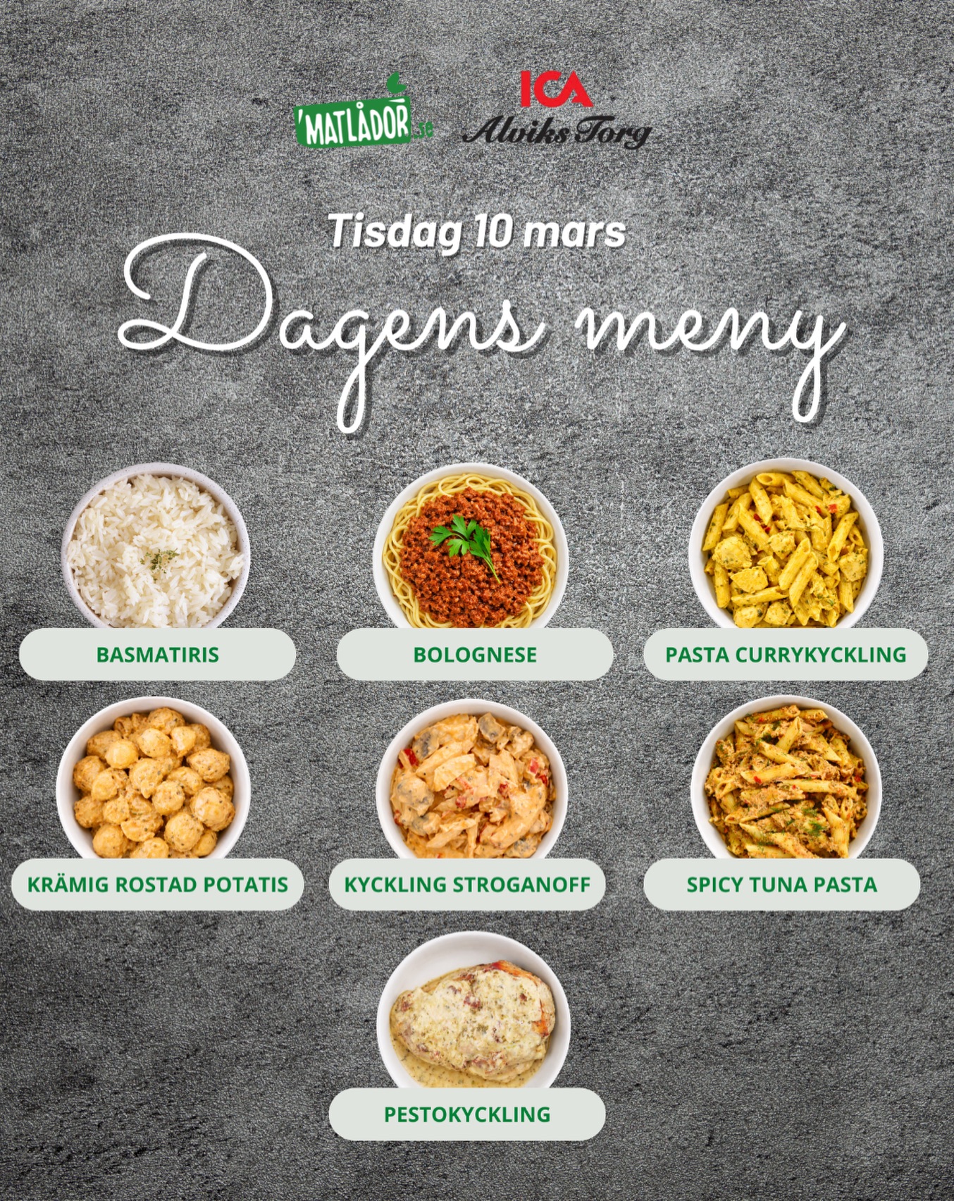 DAGENS MENY! 🧑🏼🍳 Idag kan du plocka följande matlådor i LÖSVIKT hos ICA Alvikstorg😍 Vi kör en takeover av bistron och har fyllt upp med det du ser på bilden.
Ännu finns det en chans att vara med och tävla:
✅ De tre personer som skapar bäst TikTok videos under eventet vinner 20 matlådor
SKYNDA HIT! 🥳🥳 Vi är på plats mellan 11-14 - idag och imorgon!
PS - imorgon lanserar vi också TVÅ NYA MATLÅDOR här på plats! 😱✌🏽
Välkommen till ICA Alvikstorg, Gustavslundsvägen i Bromma 💚
-
#lunch #lunchmeny #matlådor