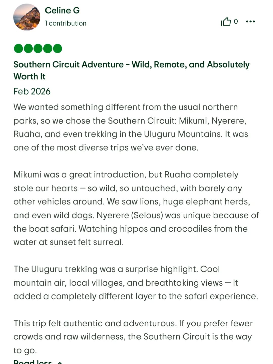 ⭐ Another Amazing Safari Experience in Tanzania!
We’re grateful to receive this wonderful review from our recent guests who explored Tanzania’s Southern Circuit with Gnade Safaris.
From the wildlife-rich plains of Mikumi to the wild and untouched landscapes of Ruaha, the journey continued with a unique boat safari in Nyerere and a refreshing trekking adventure in the Uluguru Mountains.
Their highlights included:
🦁 Lions and massive elephant herds
🐊 Hippos and crocodiles during a magical sunset boat safari
🌿 Quiet, uncrowded wilderness far from the busy northern parks
⛰️ Cool mountain air and breathtaking views during Uluguru trekking
The Southern Circuit offers something truly special — raw wilderness, fewer crowds, and authentic adventure.
Thank you for trusting Gnade Safaris to create your unforgettable Tanzania journey. 🌍
📩 Plan your adventure with us
📧 gnadesafaris@gmail.com
📲 +255 793 832 959
🌐 www.gnadesafaris.com
#GnadeSafaris #SouthernCircuitSafari #VisitTanzania #Mikumi #Ruaha Nyerere SafariExperience ExploreAfrica