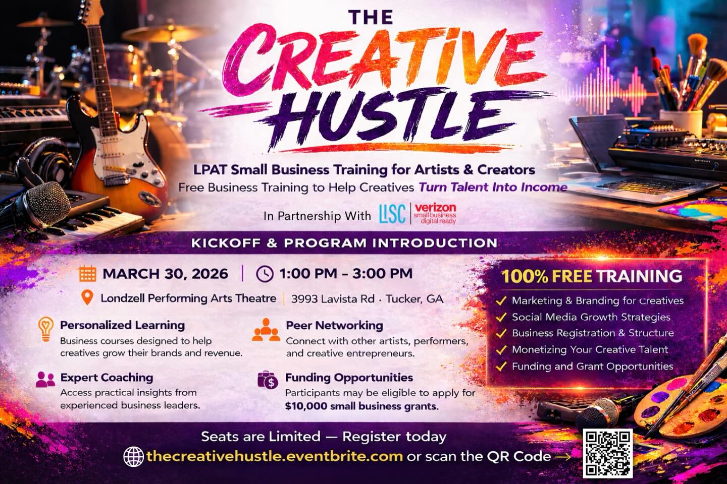 Big news! LPAT has partnered with LISC and Verizon Small Business Digital Ready to bring FREE small business training to artists and creators. Join us March 30 for the kickoff of The Creative Hustle and learn how to turn your talent into a business.
Register: thecreativehustle.eventbrite.com
Whether you’re a musician, visual artist, performer, content creator, designer, or creative entrepreneur, The Creative Hustle will give you the knowledge and tools needed to transform your passion into a profitable and sustainable business.