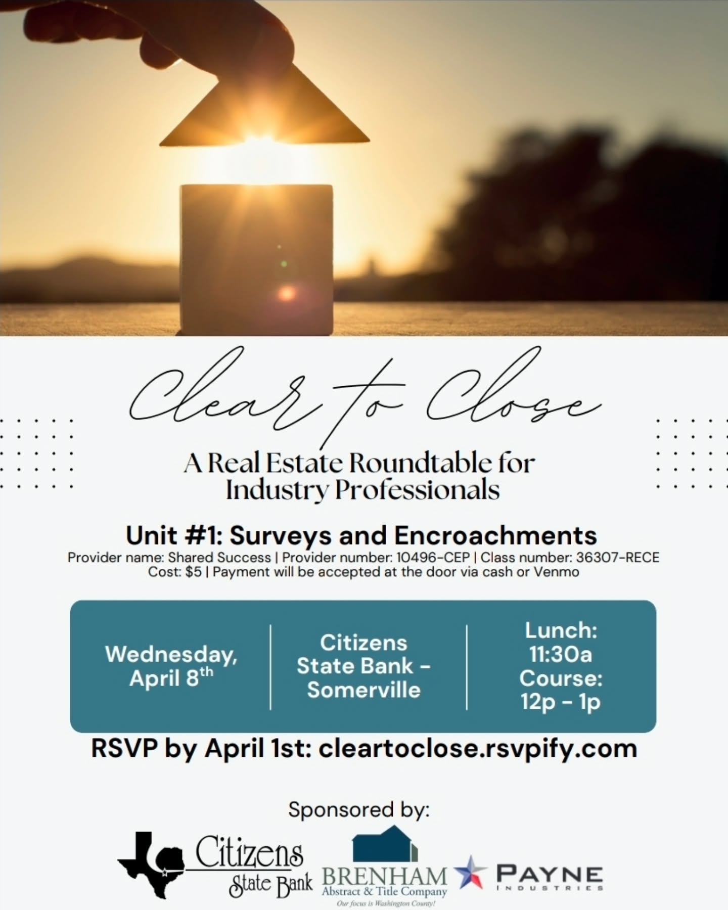 Join us for a Lunch & Learn on Surveys & Encroachments.
Thank you to Citizens State Bank for hosting and helping make this event possible. Brenham Abstract & Title is proud to sponsor this alongside Payne Industries, and we’d love to see you there!
📌 Learn, ask questions, and enjoy lunch while gaining insights to better serve your clients.
#realestate #realestatecourse #brenhamabstractandtitle