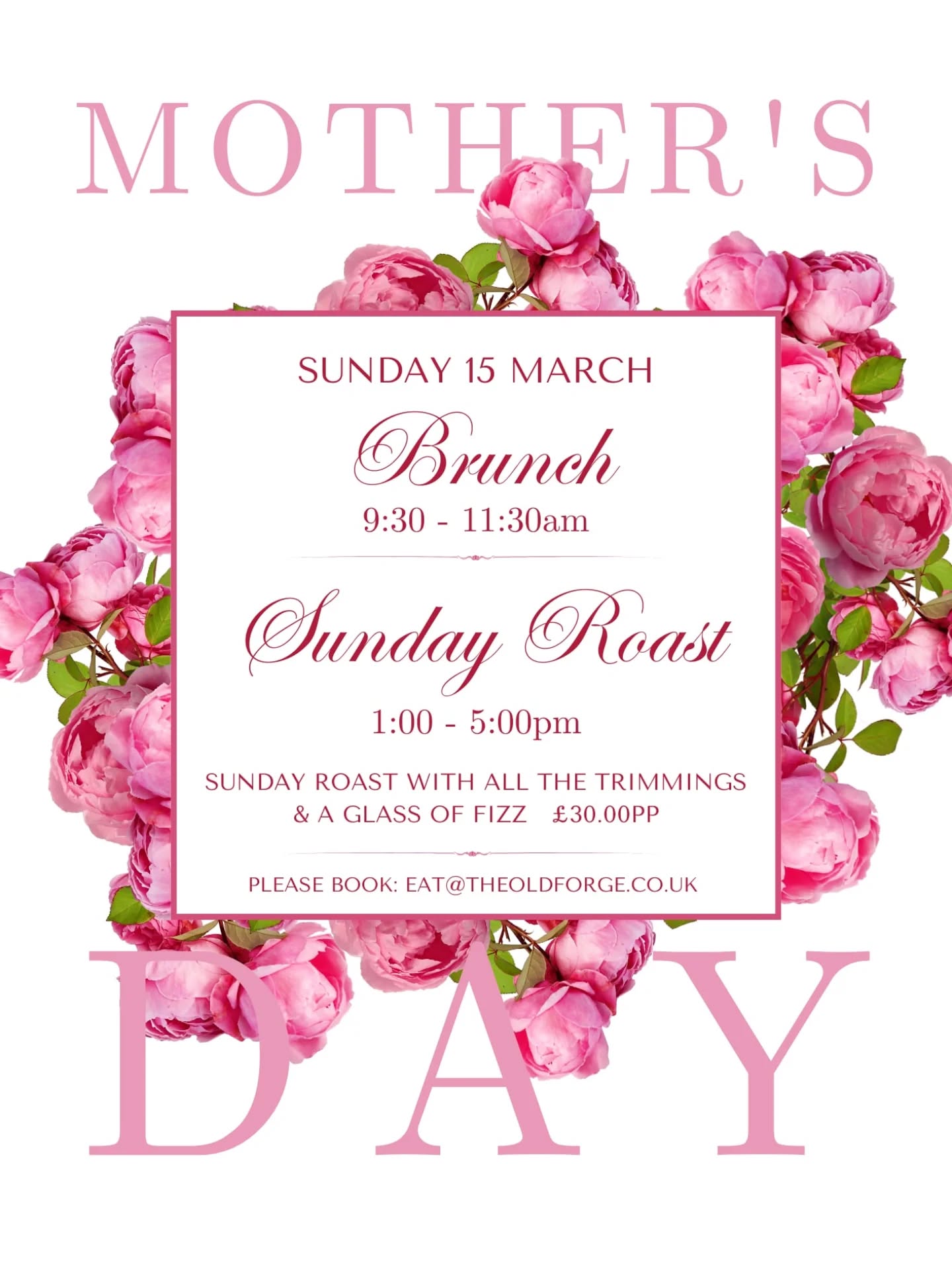 🌸Mother's Day ~ Sunday 15 March 🌸
Treat your special ladies to a Sunday brunch or roast this weekend at The Old Forge. Enjoy a roast dinner with all the trimmings & a glass of fizz for £30pp. Please book in advance by emailing eat@theoldforge.co.uk 💐