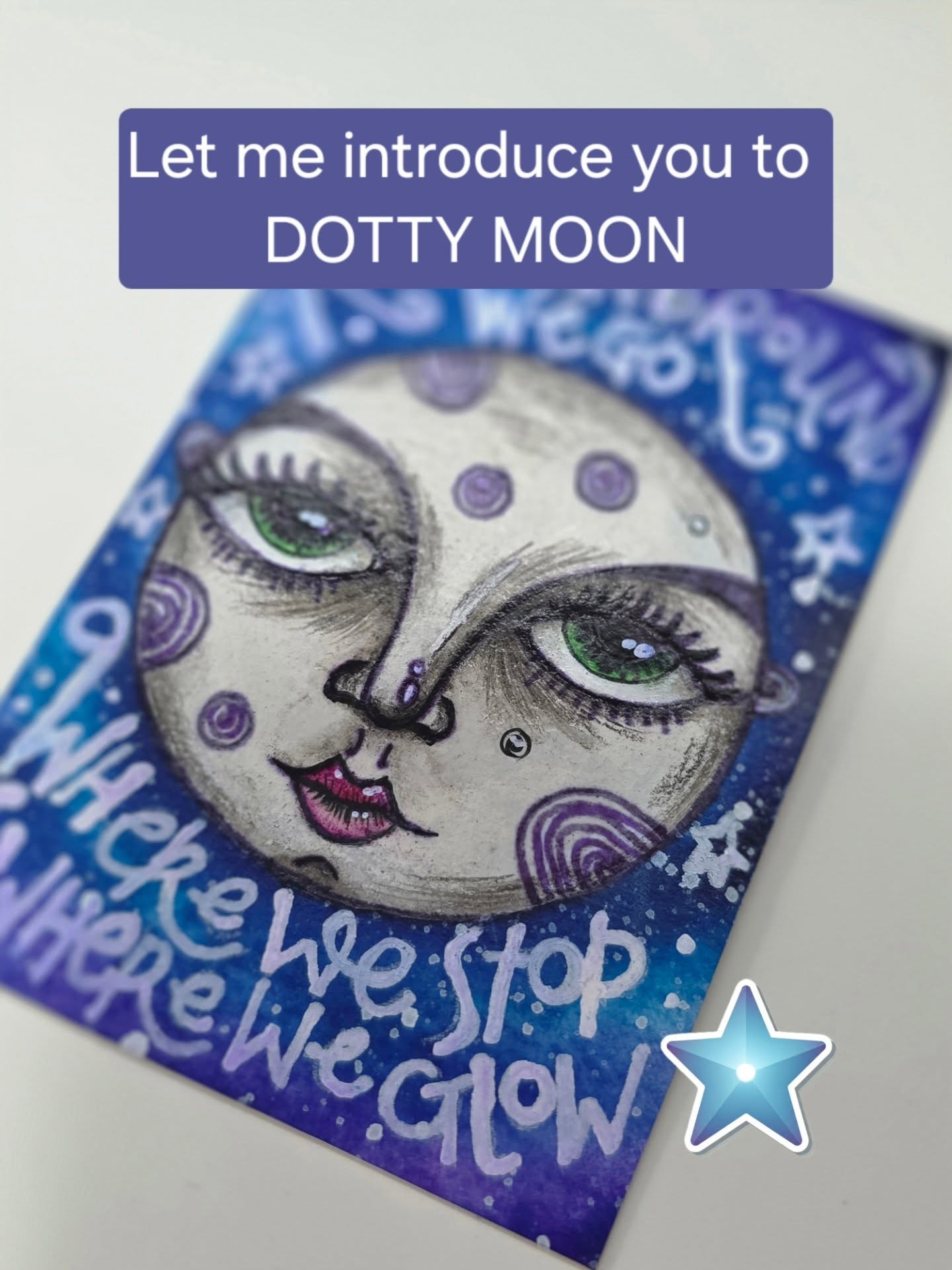 Let me introduce you to Dotty Moon. A character from my world of symbolism. Her goal is to draw truth out from the shadows.
Her super power is revelation
She reveals hidden feelings
Your subconscious patterns
Things things you pretend not to say
There's not getting away from her wnergyvehen she's got her eye on you.
Based in the Full Moon, an energy that is imagined as a quiet, watchful presence of the night. This is a one off peice (for now), but will be doing more of my charaters in this way.
I’ll be listing this original ACEO (Art Cards, Editions and Originals) on eBay shortly for anyone who might like to collect it.
Small artwork. One original affordable piece. 🌕
Love and Light, Kagsy x
#InnerArchitect #MoonArt #MoonMagic #ArtEmbodied #ArtByKagsy
