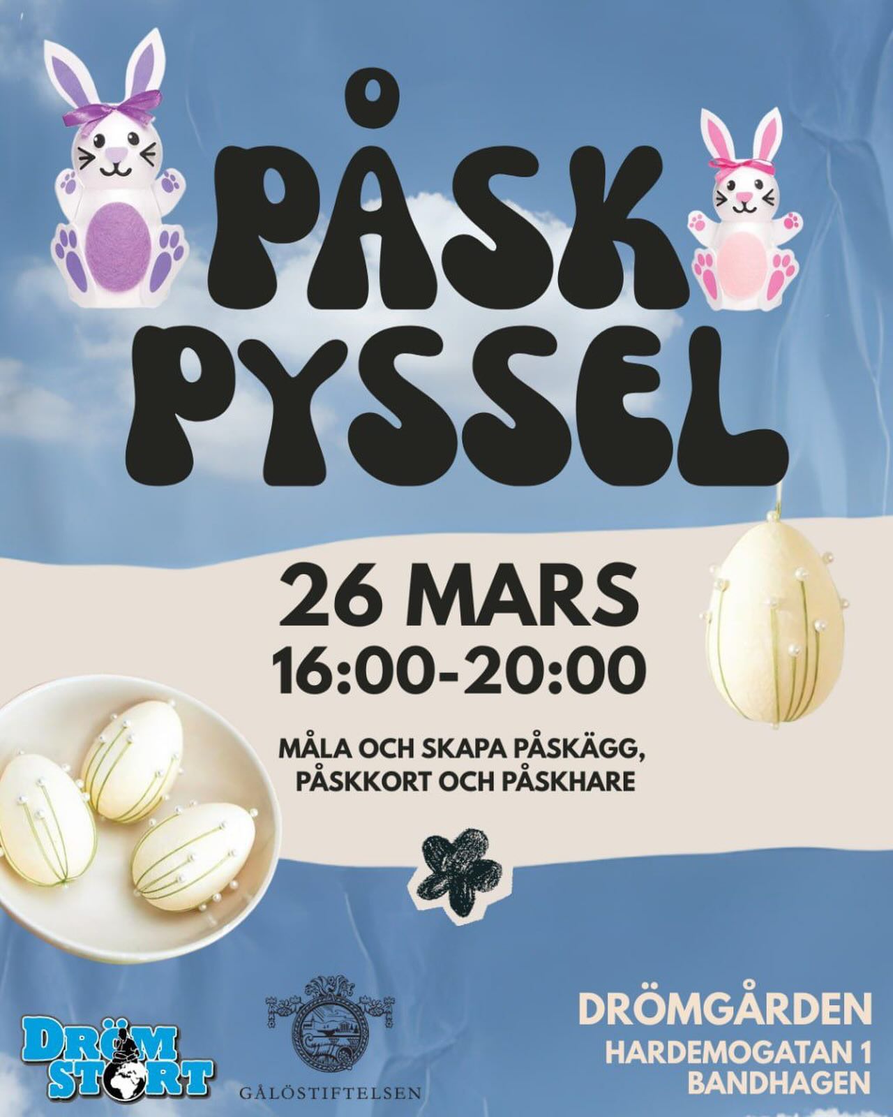 🐣 Påskpyssel på Drömgården!
Den 26 mars kl. 16–20 bjuder vi in till en kreativ eftermiddag där vi:
🎨 målar påskägg
💌 gör påskkort
🐰 skapar påskharar
Kom och pyssla, umgås och få riktig påskkänsla tillsammans med oss!
📍 Drömgården, Hardemogatan 1, Bandhagen
Välkomna! 🌷🐣
#påskpyssel #drömstort #påsk #fritidsgård