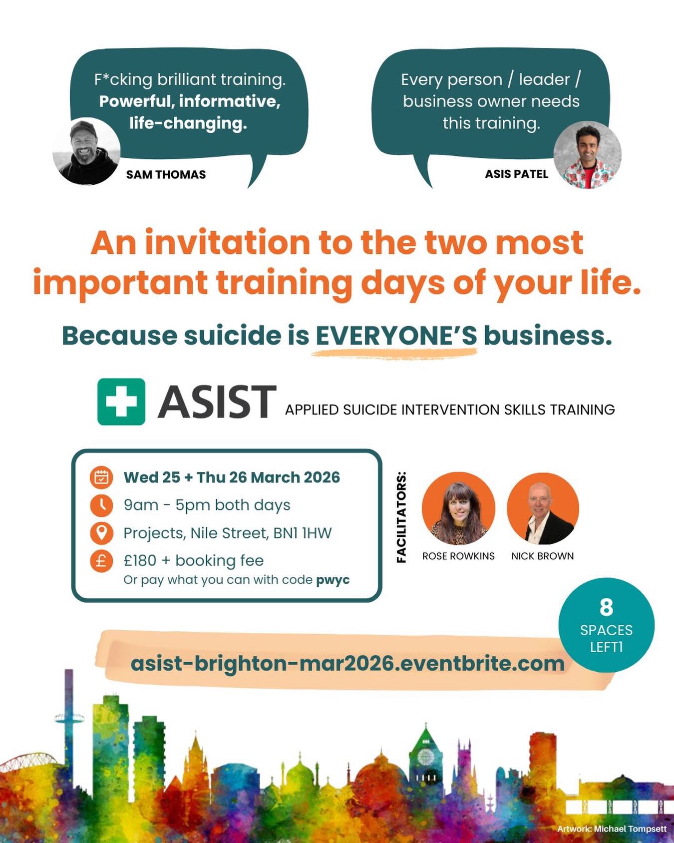 Just dropping this here for my Brighton folks
Just 8 places left!
Brighton and Hove has one of the highest suicide rates in the UK - and is the highest for women and girls.
This training makes our communities safer from suicide by teaching you how to have life saving conversations.
Booking link
Http://asist-brighton-mar2026.eventbrite.com
#suicidepreventiontraining