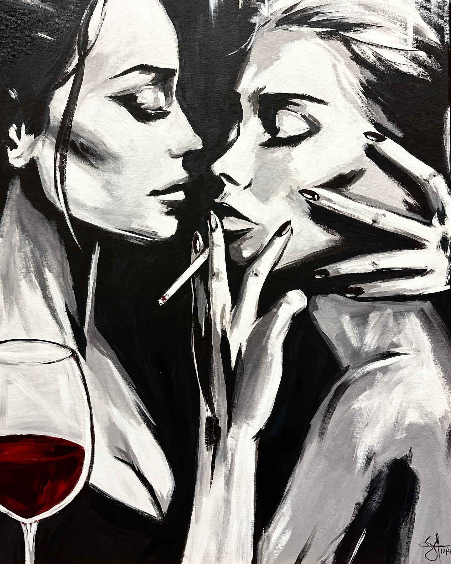 🖼️ Für den Berliner Kunstpreis 🎨 🖼️ BIS MAI 2025 nicht zum Verkauf
🍷 "Reizender Augenblick" 🚭 / A C R Y L auf Leinwand 70 x 100 cm
bei Interesse bitte eine private Message schreiben. 📩
💬 Es ist die Darstellung einer impulsiven Entscheidung, wie das Rauchen oder Trinken. Sie reflektiert die menschliche Neigung zur Unvernunft und Verruchtheit. Die Balance zwischen Verantwortung und Genuss.
Es stellt sich auch die Frage, wie oft Menschen durch andere verführt werden und welche Machtverhältnisse dabei ins Spiel kommen.
Diese Themen laden den Betrachter ein, über die komplexen Facetten menschlichen Verhaltens und die Dynamik zwischen Verlangen, Freiheit und gesellschaftlichen Erwartungen nachzudenken.
➡️ Was ist deine Interpretation?
#wineandzigarettes #30sart #smokey #smokingwoman #gentle #lady #ladylike #acrylicpainting #paintedsoul #painting #acryl #artwork #lifestyle #lgbtq #girlslikegirls #criticialart #artissexy #artsy #artistfromgermany #likeberlin