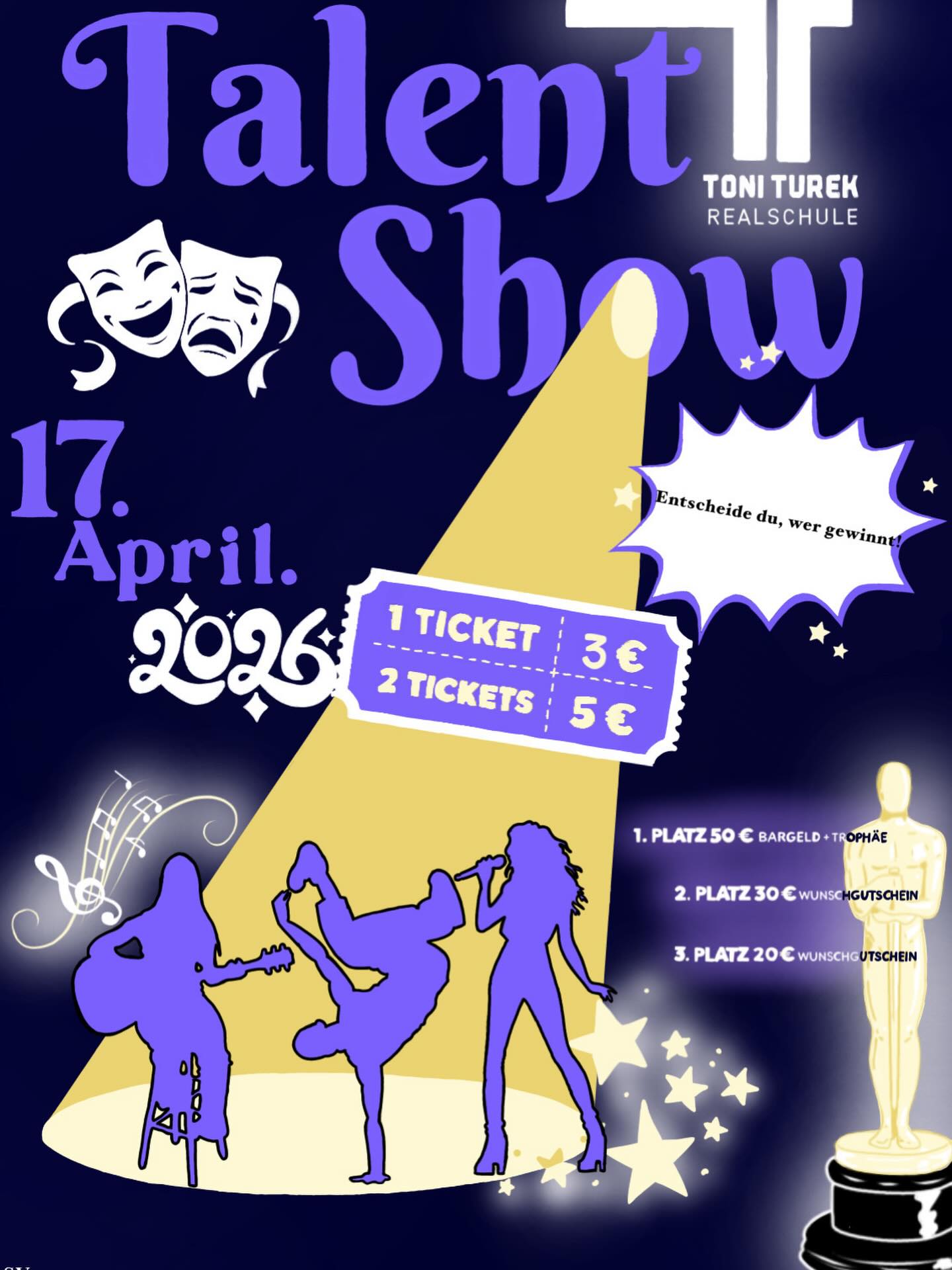 Am 17.4. findet die Talentshow statt. 🥳👨🏻🎤👩🏻🎨🦸🏻♀️🦸🏽♂️