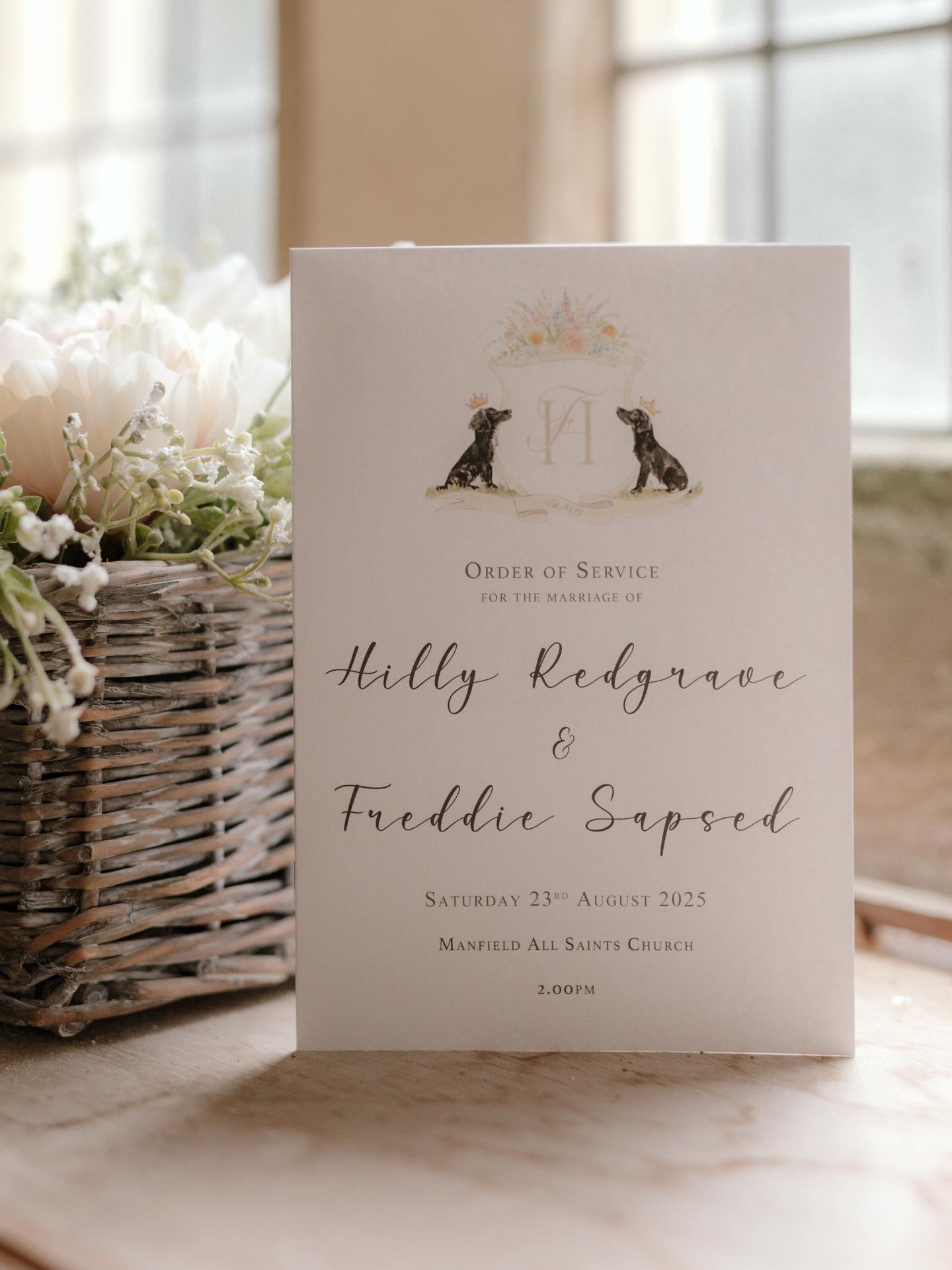 It’s always a huge pleasure to be invited to the weddings I design stationery for… and Hilly & Freddie’s did not disappoint.
Their two dogs featured throughout their stationery. Including them within the crest design allowed me to maintain an elegant feel, with a touch of their personalities.
Start your wedding journey today…