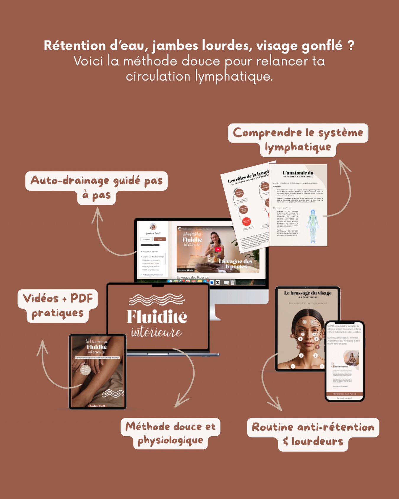 Beaucoup de femmes vivent avec :
jambes lourdes
visage gonflé le matin
Ballonnements
sensation de stagnation dans le corps
Et pensent que c’est « normal ».
Mais dans beaucoup de cas, c’est la circulation lymphatique qui ralentit.
La lymphe est un système clé pour :
- éliminer les déchets
- drainer les liquides
- alléger les tissus
C’est pour ça que j’ai créé Fluidité intérieure.
Un programme guidé qui t’apprend :
✨ l’auto-drainage lymphatique
✨ la méthode de la vague des 6 portes
✨ des routines anti-rétention simples
Une méthode douce, physiologique et reproductible chez toi.
À pratiquer en autonomie, à ton rythme.
Si tu veux en savoir plus, écris FLUIDE en commentaire et je t’envoie les infos.