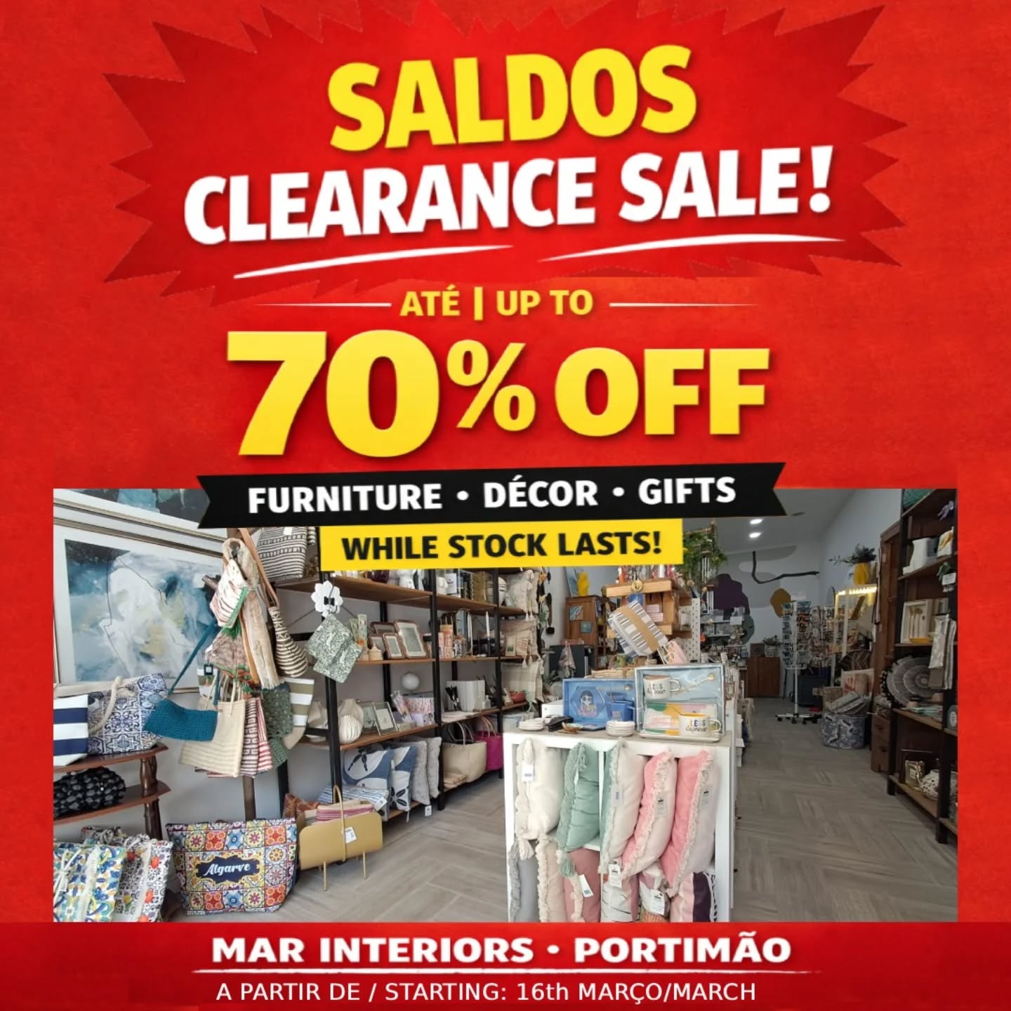 SALDOS / CLEARANCE SALE
A partir de segunda-feira, dia 16
Starting Monday 16th
Muitos artigos na loja estão agora com até 70% de desconto, enquanto reduzimos grande parte do nosso stock.
Many items in the shop are now up to 70% off as we reduce a large amount of stock.
Mobiliário, decoração e presentes disponíveis a preços reduzidos até terminar o stock.
Furniture, décor and gifts available at reduced prices while stock lasts.
📍 Mar Interiors – Portimão