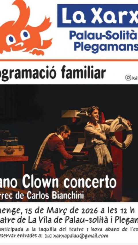 🎹🤡 PIANO CLOWN CONCERTO
Un espectacle familiar per gaudir amb humor i molt bona música! 🎶✨
Una introducció a la música clàssica plena de joc i imaginació… el primer concert en família! 👨👩👧👦🎼
Un piano oblidat torna a la vida gràcies a la imaginació d’un pallasso i un pianista. El clown @arnaulobo i el pianista i compositor @carlosbianchini.official ens porten un concert-espectacle únic on la música pren vida a través del joc i el moviment.
🎭 Una peça especial que combina teatre físic, humor i música en directe, en un diàleg escènic sense paraules que farà riure i emocionar petits i grans.
✨ A punt per endinsar-vos en aquesta aventura musical?
📅 Diumenge 15 de març
🕛 A les 12 del migdia
📍 Teatre de la Vila de Palau-solità i Plegamans
🎟 Reserva d’entrades:
xarxapalau@gmail.com
#teatrefamiliar
#música
#pallassos
#espectaclesfamiliars
#culturapalausolitaplegamans
teatreambfamília
plansambnens
teatrecatalà
musicaclassica
espectacleinfantil