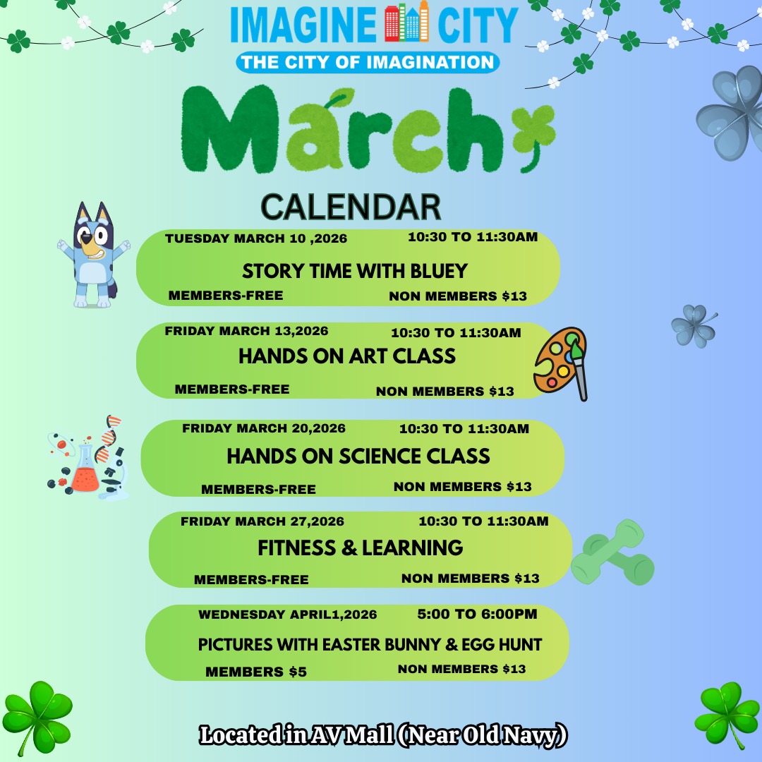 MARCH is going to be so much fun with all these special events. We even brought back a really fun favorite, Easter Egg Hunt. Our events fill up fast so hurry and register now on our website @ www.imaginecity.com
