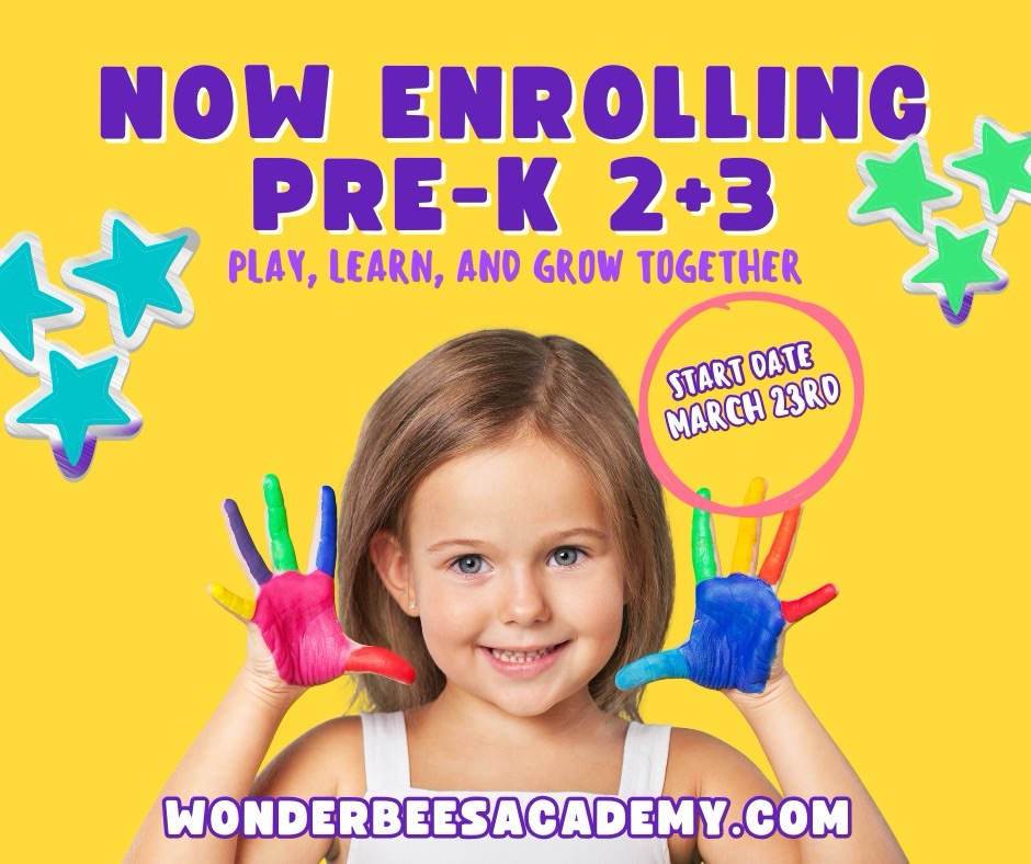 🌱 Here We Grow Again! 🌱
Wonderbees is excited to announce that we are now enrolling 2 and 3 year olds for our launching Pre-K Program! 🐝✨
Our program is designed to help little learners grow, explore, and build a strong foundation for school through hands-on learning, play-based activities, and a nurturing environment.
Spots are limited as we launch this new program, and we can’t wait to welcome more families into the Wonderbees community!
📚 Early learning
🧠 Social & emotional development
🎨 Creative play
💛 A safe and caring environment
Now enrolling – secure your child’s spot today!
📩 Message us for more information or to schedule a tour.
#HereWeGrowAgain #WonderbeesLearning #PreKLaunch #EarlyChildhoodEducation