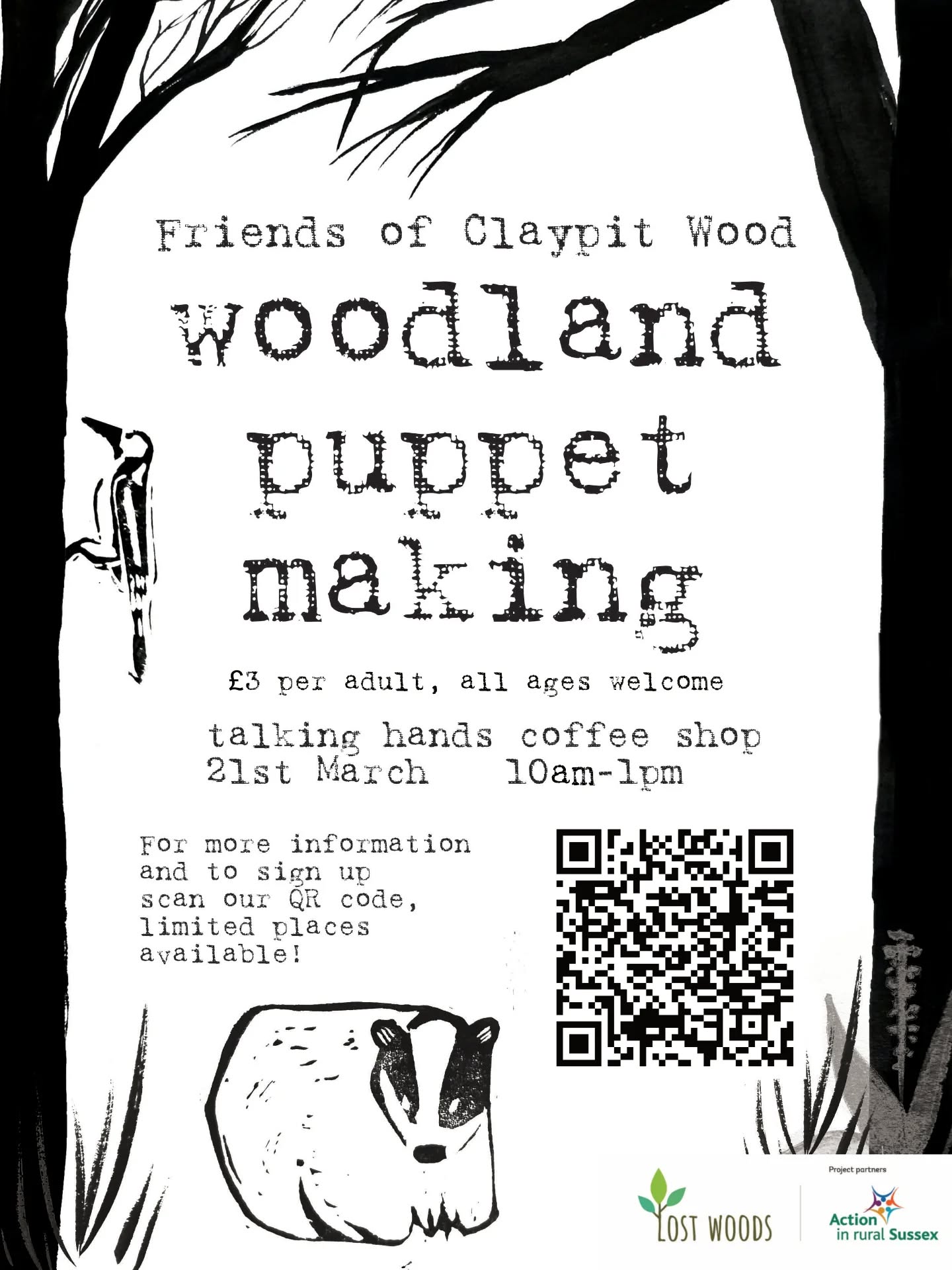 Sharing this playful and creative offering from the Friends of Claypit Wood 🪶🌳 Woodland puppet making in Hassocks, Saturday 21st March, 10am - 1pm. Scan the QR code for all the info and to sign up! 🦡