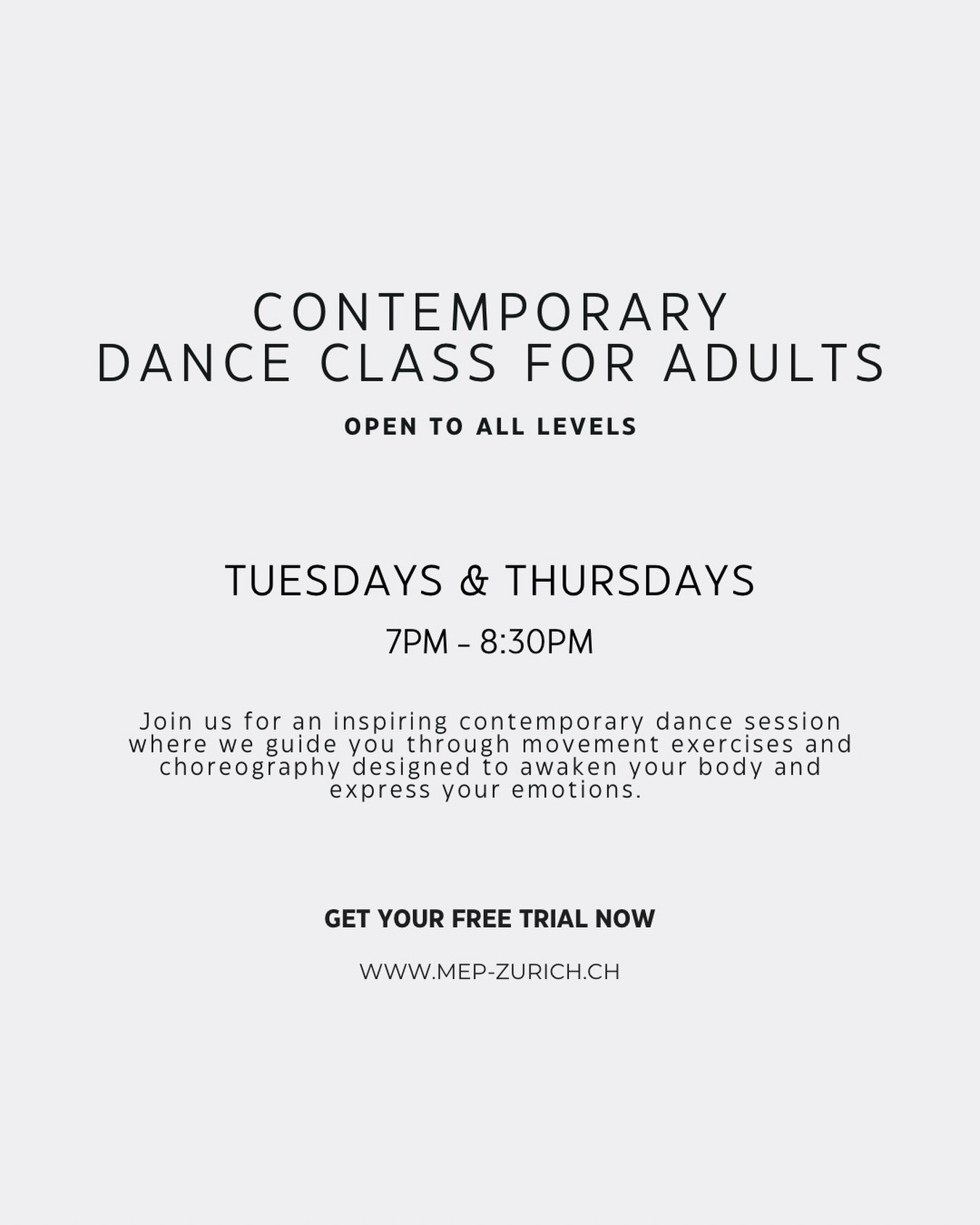Dance Classes for Adults - All levels welcome
Tuesdays and Thursdays: 7PM - 8:30 PM
With @fedeaventa
Join us for an inspiring contemporary dance session where we guide you through movement exercises and choreography designed to awaken your body and express your emotions.
✨
Whether you’re new to dance or a seasoned mover, this class will help you connect with yourself, release tension, and explore your creative potential through fluid, empowering movement.
#contemporarydancezurich #adults #danceküsnacht #mepstudio danceclassforadults