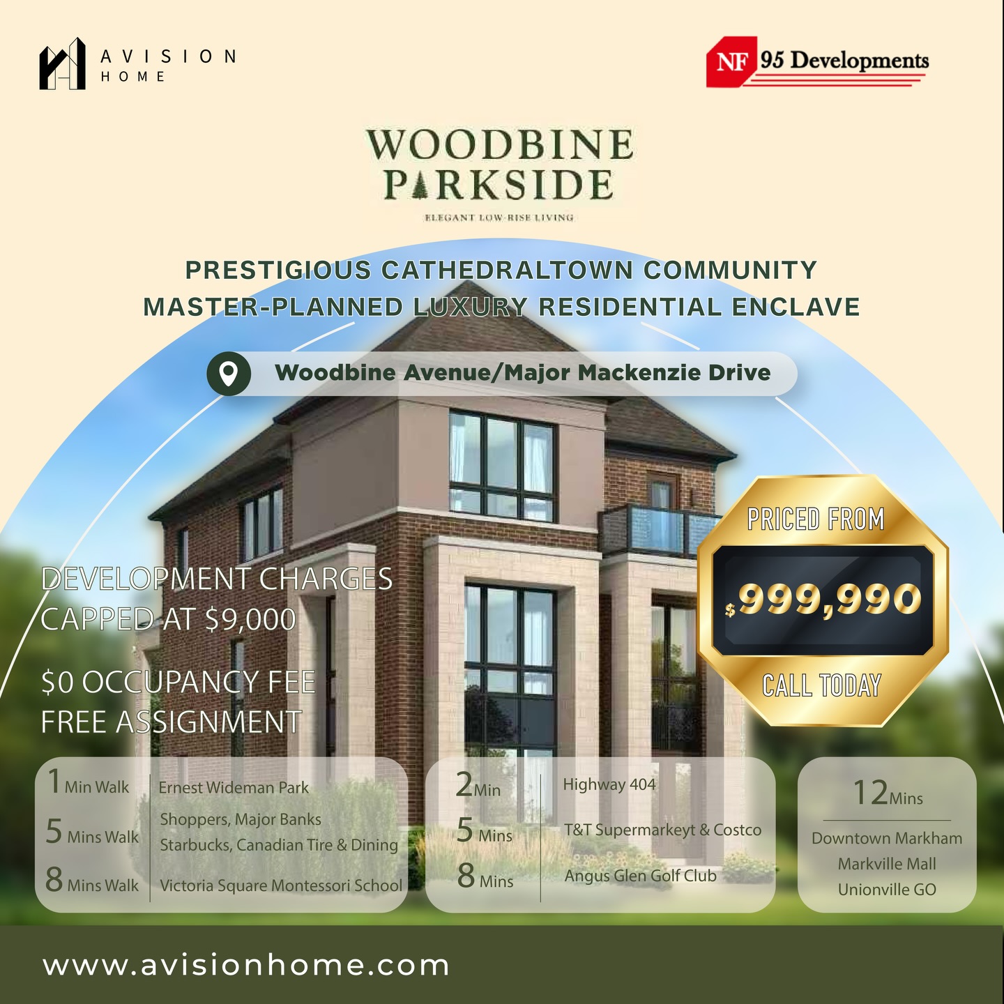 🏠 Experience Luxury Living at Woodbine Parkside in Markham!
Big news for Cathedraltown! 95 Developments has officially unveiled Woodbine Parkside, and this community is truly designed for the modern lifestyle. 🌳
📍 The Ultimate Location Situated at Woodbine & Major Mackenzie, you’re just steps away from the beautiful Ernest Wideman Park. Nature is your new backyard!
🚶 Walkable Convenience:
* 1 min to Ernest Wideman Park
* 5 mins to Shoppers, major banks, Starbucks, and Canadian Tire
* 8 mins to Tesla Showroom & Montessori school
🚗 Seamless Commute:
* 2 mins to Hwy 404
* 5 mins to T&T Supermarket & Costco
* 10+ mins to Angus Glen Golf Club & Downtown Markham
🏠 Diverse Home Collections Sophisticated design meets functionality with 10-ft main floor ceilings, premium hardwood, and quartz countertops throughout.
* The Ivy (Double Garage): 2,016 – 2,449 sq.ft.
* The Cedar & Clover (Traditional Town): 2,003 – 2,293 sq.ft.
* The Sage (Semi-Detached): 2,415 – 2,467 sq.ft.
* The Rosewood (Detached): 3,039 – 3,102 sq.ft.
💰 Limited-Time Launch Incentives: ✨ $0 Occupancy Fee ✨ One Free Assignment ✨ Development Charges Capped at $9,000
Starting from $999,990 | Est. Completion: Early 2027
Whether you‘re a first-time buyer or looking to upgrade, this is a rare opportunity to secure a home in one of Markham’s most sought-after neighborhoods.
📩 Floor plans are now available! Send me a DM to get the full package or book a private consultation today.
#WoodbineParkside #MarkhamRealEstate #Cathedraltown
#avisionhome