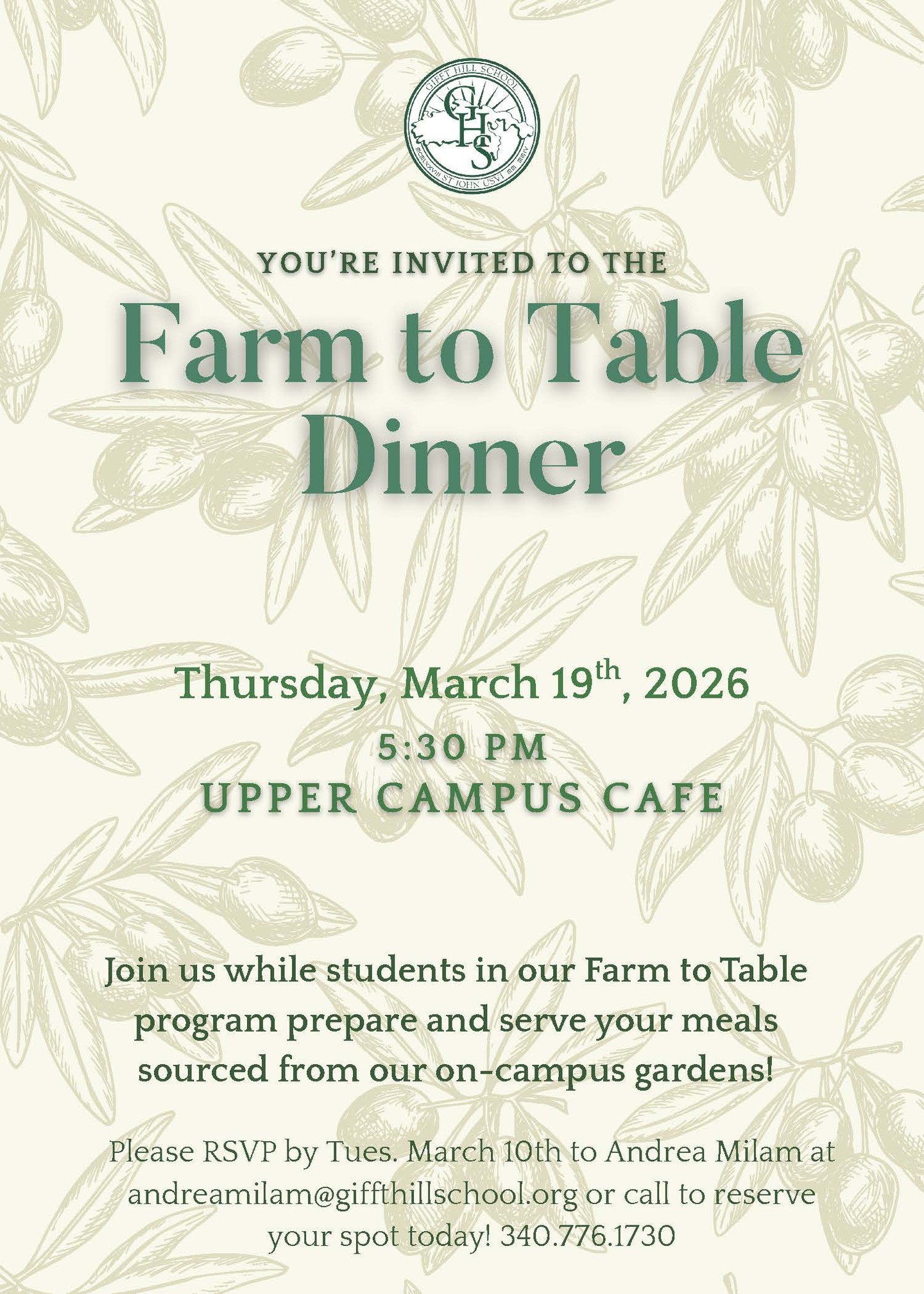 If you don't have your ticket to our final Farm to Table dinner of the 25-26 school year, now is the time to reserve your seat! This final dinner will present a Rastafarian-inspired menu, created and delivered to your table by our students. Don't miss out; get your tickets today! Ticket sales close Sunday.
https://giffthillschool.networkforgood.com/events/98220-farm-to-table-dinner-march-19-2026