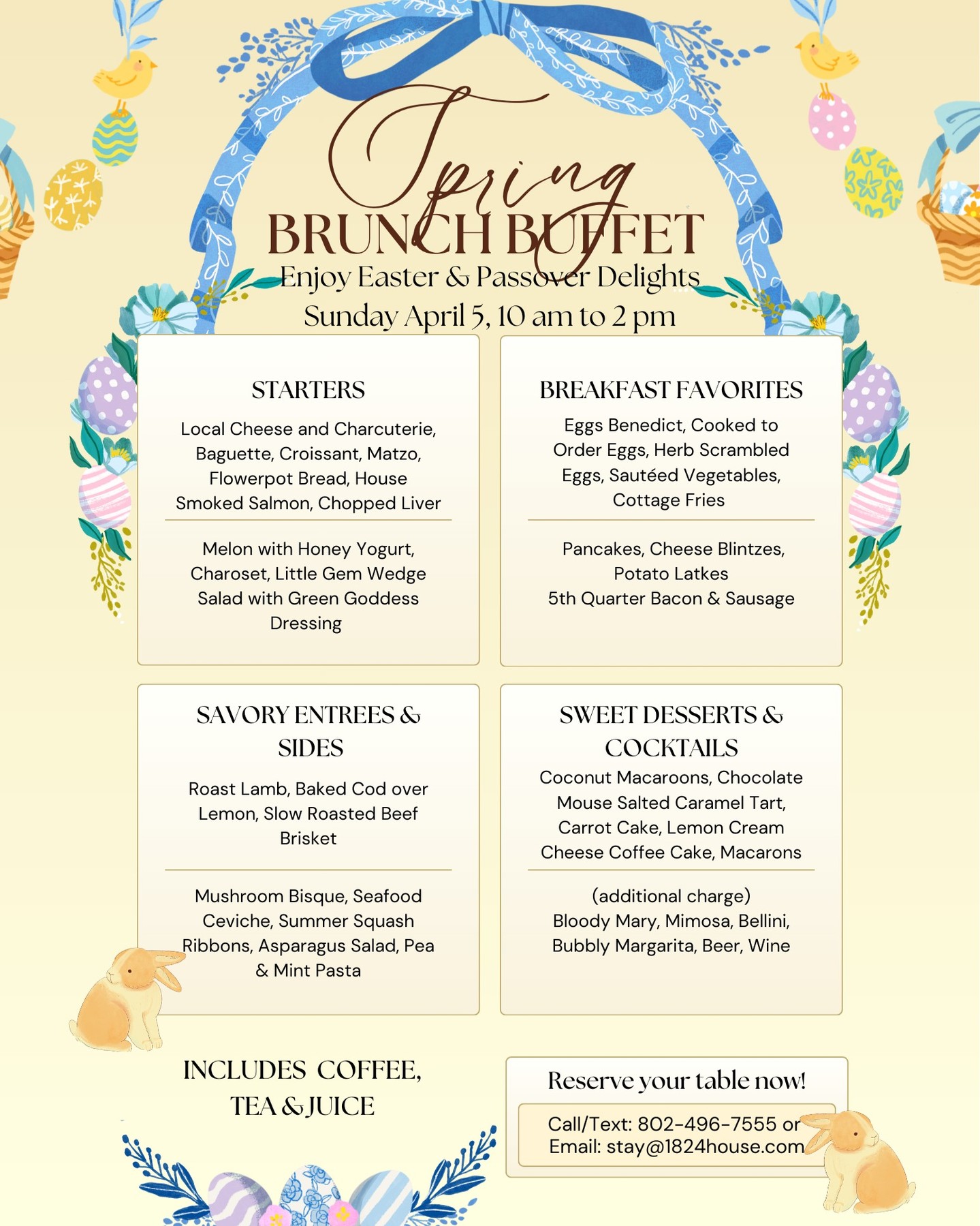 Join us Easter Sunday for our Spring Brunch Buffet featuring Easter and Passover specialties served in our historic Vermont barn. Celebrate spring with family, great food, and relaxed holiday hospitality. 🌷🥂
Reservations Required
Call/Text today for reservations 802-496-7555.
#madrivervalley #eatinabarn #eatmrv #springbrunch #brunchbuffet #eggsbenedict #passover #easter