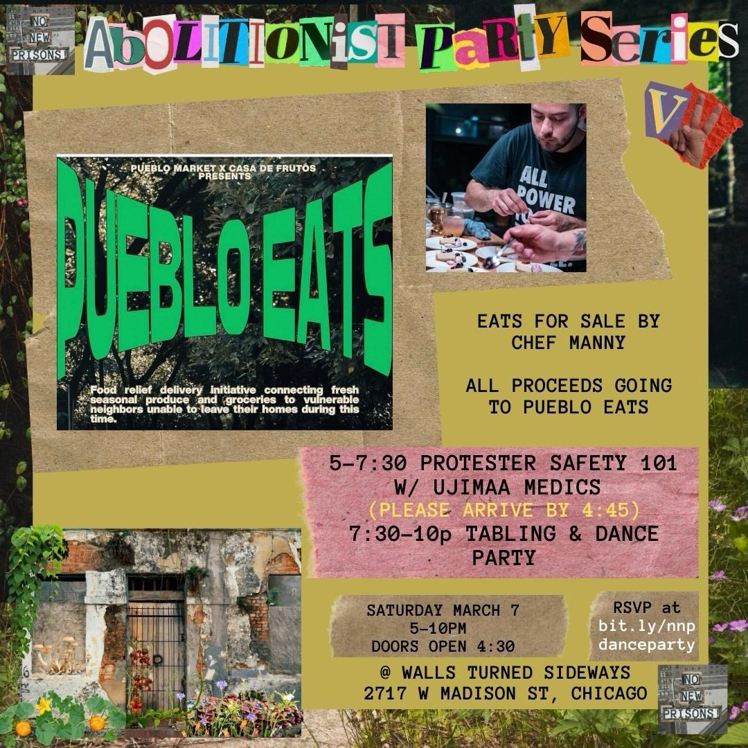 We are so excited that the Abolitionist Dance Party is happening tomorrow! Here are a couple of important updates:
1. We are amidst another upsurge of COVID cases in Chicago, so in the interest of keeping each other safe, masking is required at the event when not actively eating or drinking. We’ll have air purifiers throughout the space (shout out to @clean.air.club ) and extra masks + rapid tests on hand for anyone who needs them!
2. There will be amazing eats available from Chef Manny, with all sales benefitting @pueblo_eats Get fueled up for dancing while supporting food security for our neighbors!!!
3. Walls Turned Sideways is a wheelchair accessible venue, we will be in the first floor of the building and the restrooms are wheelchair accessible.
4. For those who are taking public transit, WTS is accessible via bus 20, bus 126, and the green line train California stop.