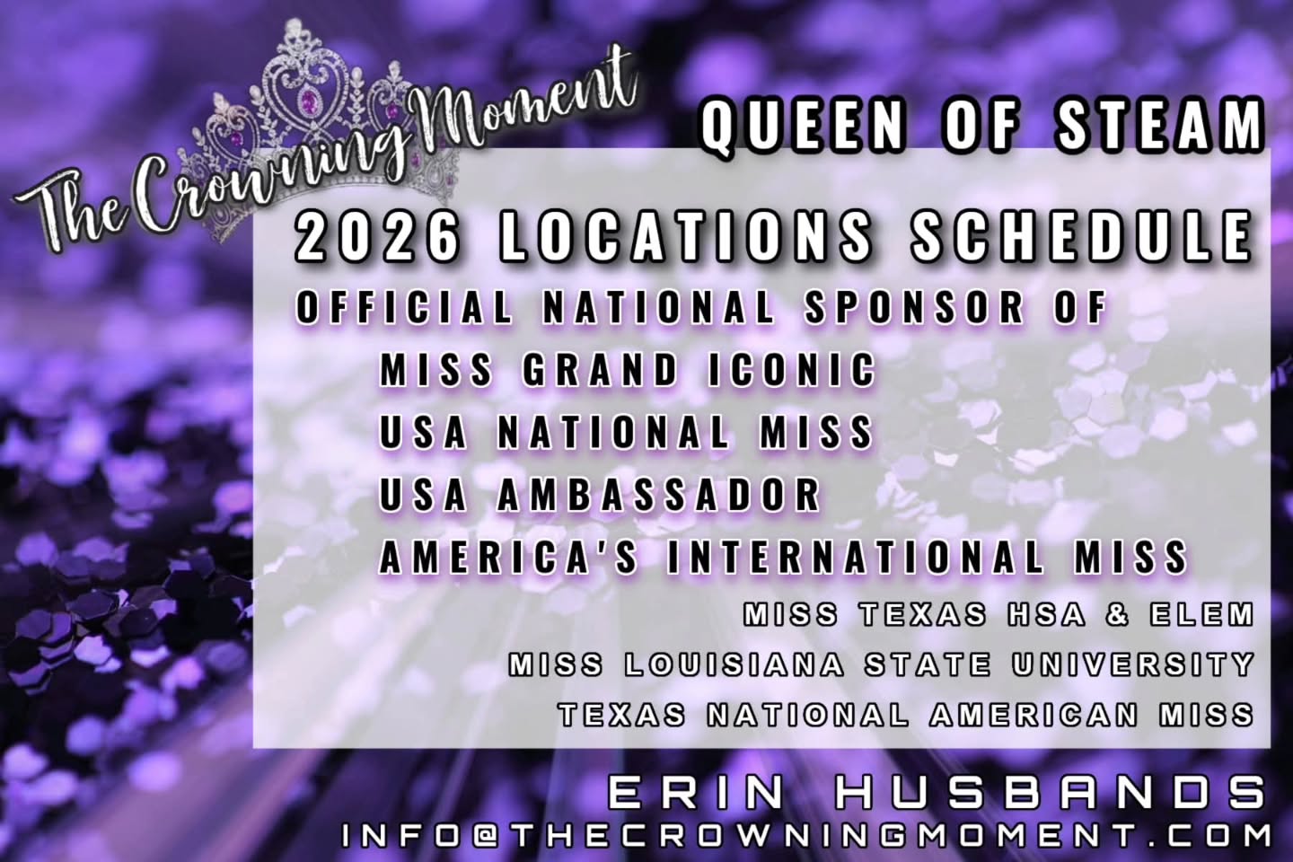 ✨👑QUEEN OF STEAM LOCATIONS & REGISTRATION👑✨
The Queen of Steam is ready to hit the road to be on-site for your competition! Let us take some stress off your plate by handling steaming and spray tanning, and know that we got you! You can register now by following the link:
https://www.thecrowningmoment.com/queenofsteam
We will be on-site at:
📌Grand Iconic Miss (Official Sponsor)
📌Miss LSU
📌TX Ultimate USA
📌TX National American Miss
📌USA National Miss (Official Sponsor)
📌USA Ambassador (Official Sponsor)
📌America's International Miss (Official Sponsor)
We will be announcing locations for the fall and winter later, but YES! WE WILL BE AT NAM NATIONALS 2026!
For more info, please email us at info@thecrowningmoment.com
Erin Husbands
"The Queen of Steam"
#thecrowningmoment #queenofsteam #pageant #travel #queen