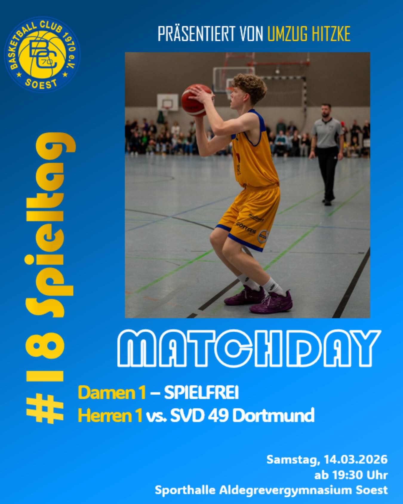 🏀 HEIMSPIEL | SAMSTAG | 19:30
Samstag ist es wieder soweit – wir empfangen SVD 49 Dortmund in unserer Halle.
Die Gäste aus dem Ruhrpott belegen aktuell Platz 8, während wir uns als Vierter in der oberen Tabellenhälfte festgebissen haben. Ein Sieg wäre ein weiteres Statement – und die Voraussetzungen könnten kaum besser sein.
Denn @yvan_noubs ist aktuell in absoluter TOP-Form. 51 Punkte beim letzten Heimspiel – eine Leistung, die selbst auf höchstem Niveau eine absolute Seltenheit ist. Und ausgerechnet jetzt kommt sein Ex-Klub zu Besuch. Man darf gespannt sein. 👀
Unsere Damen haben diese Woche Pause und können somit den vollen Fokus auf die verbleibenden zwei Spieltage legen!🔥
📅 Samstag, 14. März ⏰ 19:30 Tip-Off 📍Aldegrever-Gymnasium Soest
Kommt vorbei, macht Stimmung – wir freuen uns auf euch! 🙏🏼
BC GO!🔵🟡